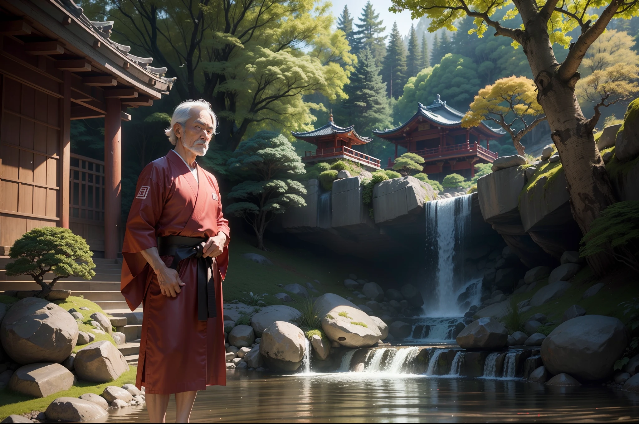 A 60 years old Japanese martial art Sensei (teacher) tech the studends new karate's tricks, in the old temple where small waterfall river, beautiful red trees, peacefull environment, birds are sit on the tree, highly detailed texture, 8K UHD, shoot with Sony alpha a7.