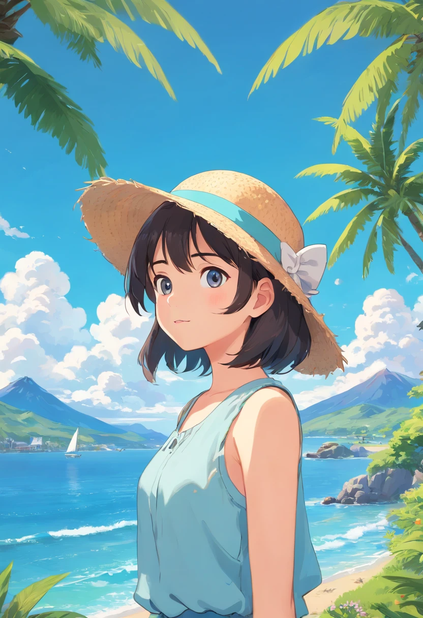 ((Extremely detailed)),, (8K), Best Quality, (Beautiful),((masutepiece)), ((Best Quality)), Beautiful girls,Realistic portraits,a straw fedora hat:1.5, (Ultra-detailed), ((kawaii)), Cute, (lovely),plein air、blured background:1.5、((South Island、Palm trees、Blue Sea、blue open sky、cumulonimbus clouds))