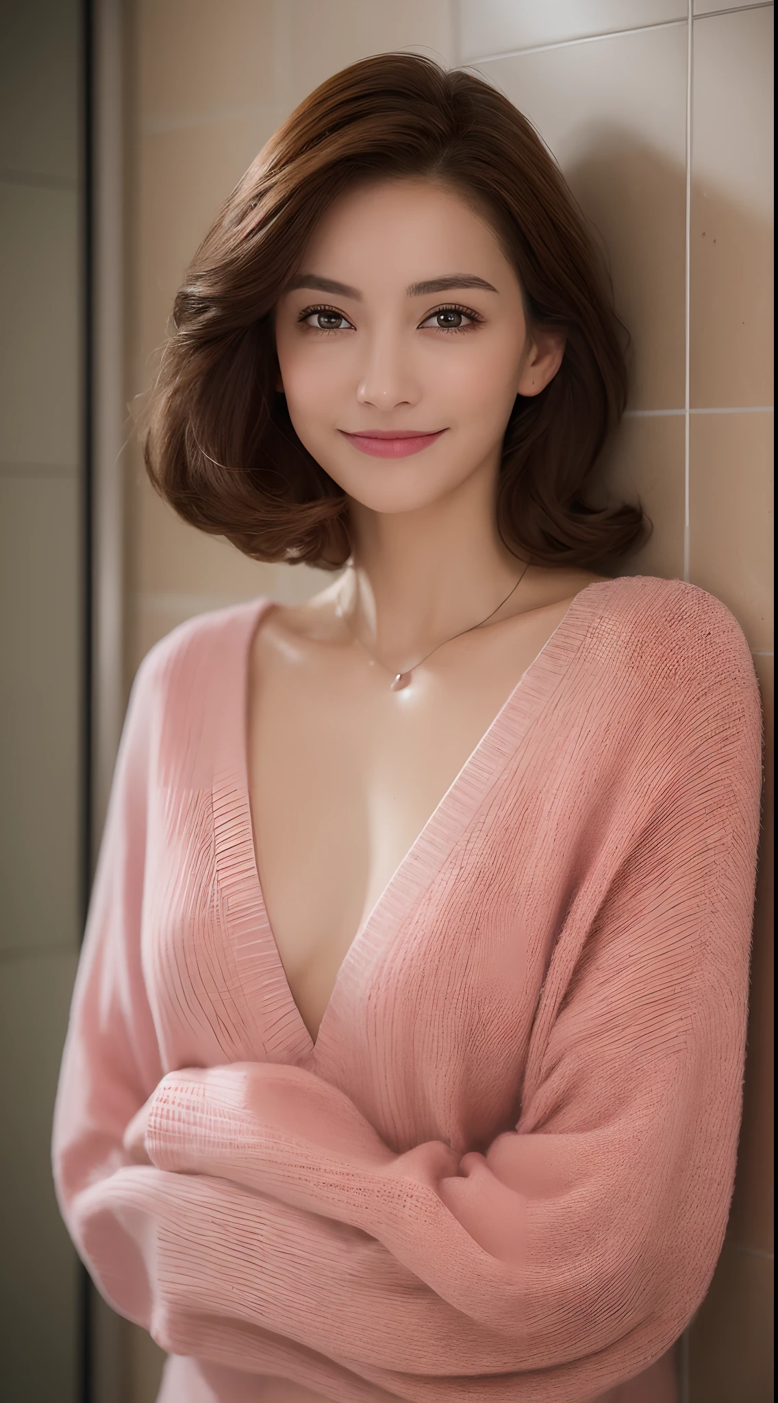 ((Night, Realistic Light, Best Quality, 8K, Masterpiece: 1.3)), 1girl, Slim Beauty: 1.4, Abs: 1.1, (Brown hair, Medium breasts: 1.3), Long pink sweater: 1.1, Bathroom, Super fine face, Delicate eyes, Double eyelids, smile, necklace