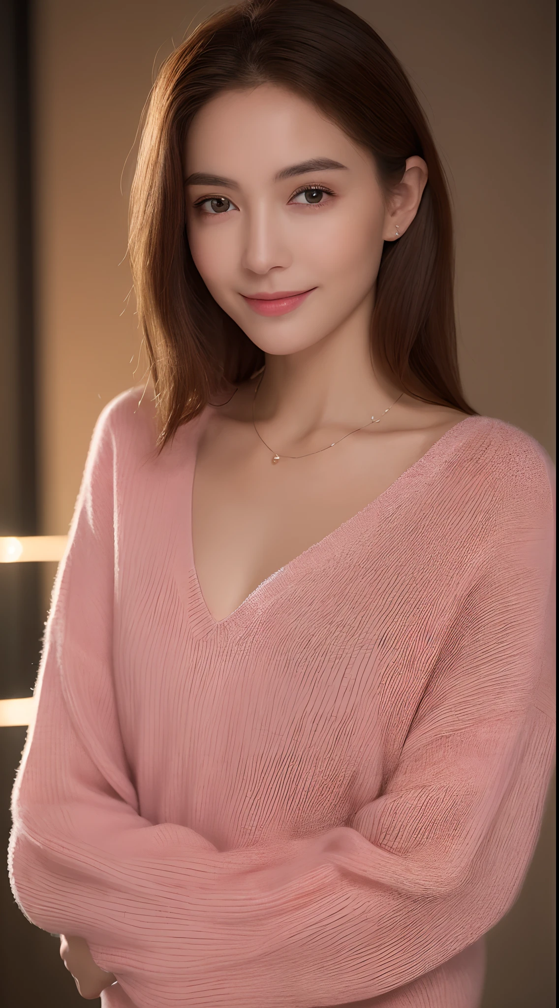 ((Night, Realistic Light, Best Quality, 8K, Masterpiece: 1.3)), 1girl, Slim Beauty: 1.4, Abs: 1.1, (Brown hair, Medium breasts: 1.3), Long pink sweater: 1.1, Bathroom, Super fine face, Delicate eyes, Double eyelids, smile, necklace