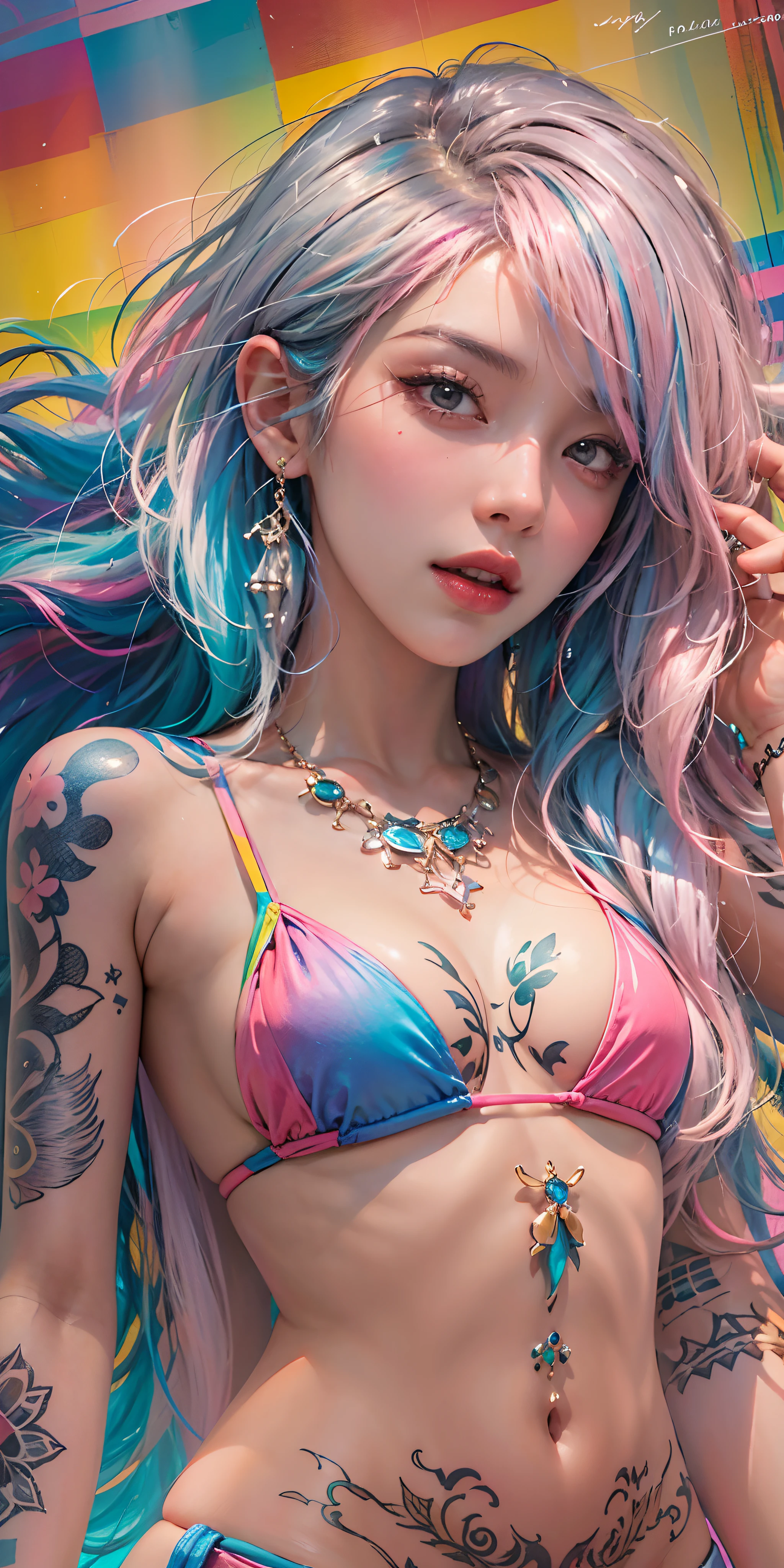photorealistic, high resolution, soft light,1women, solo, hips up, shining skin, (detailed face),tattoo, jewelry, (rainbow color Hair,colorful hair,half blue and half pink hair:1.2), micro bikini