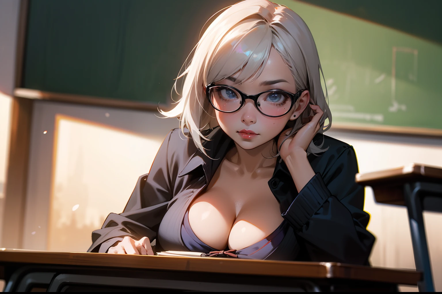 In the classroom,The teacher is lecturing the students,Gray-haired old teacher,Asian people,wears glasses,closeup cleavage,sharp focus on eyes,8K,super-fine,oil painted,Hyper-realistic,best qualtiy