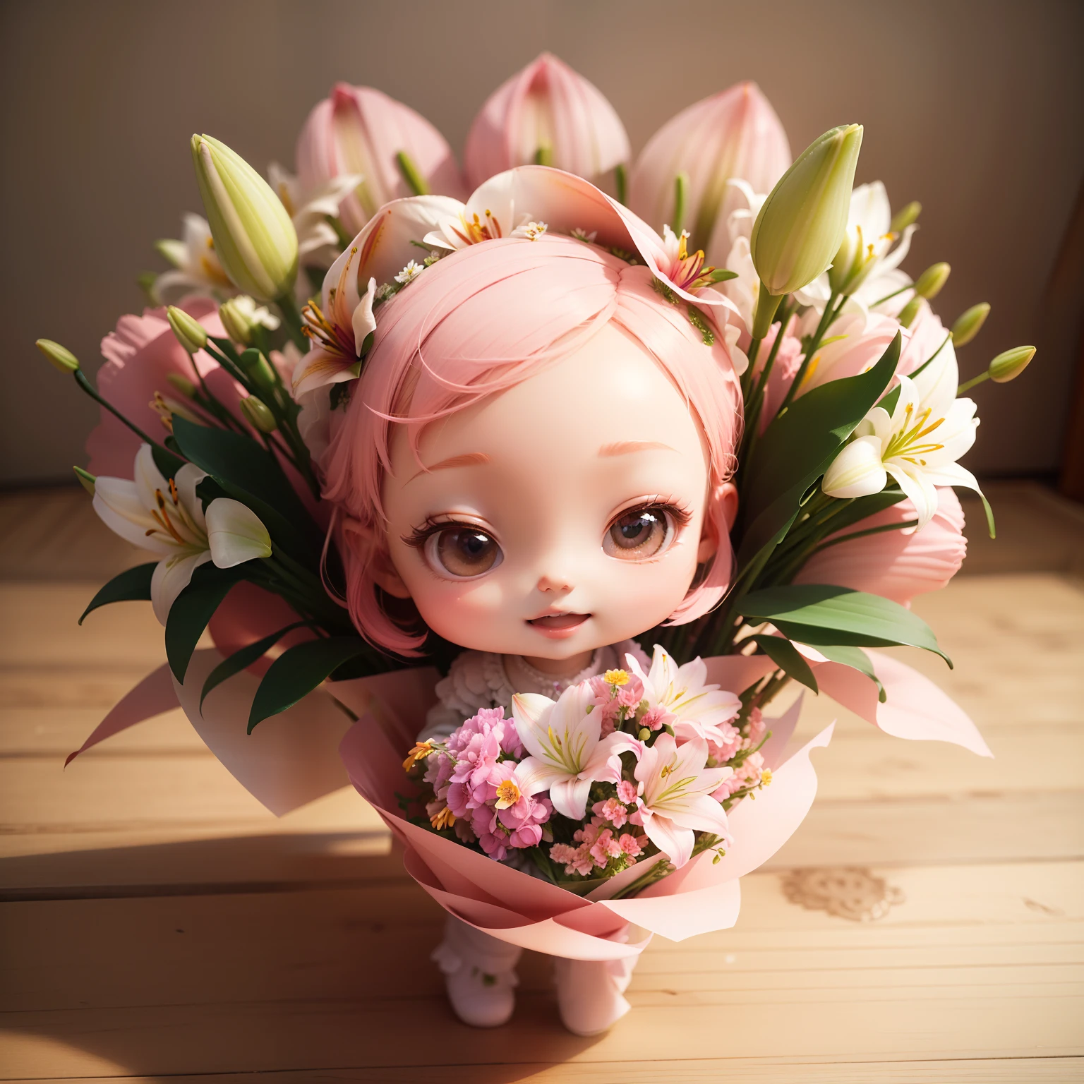 Cute Baby Chibi Anime、(((Chibi 3D))) (Best Quality) (masutepiece)、(Chibi Fairy:1.3) ultra gorgeous, Colorful, Wrapped: 1.7 bouquets offering a big fairy with 7 and ribbons: 1.7 more than your face, 32K, masutepiece:1.4, Super Resolution, Super Detail, Super Photo Style, Illustration, Ultra-detailed.(Bouquet of large-flowered lilies:1.5)、Open your mouth and smile、Standing