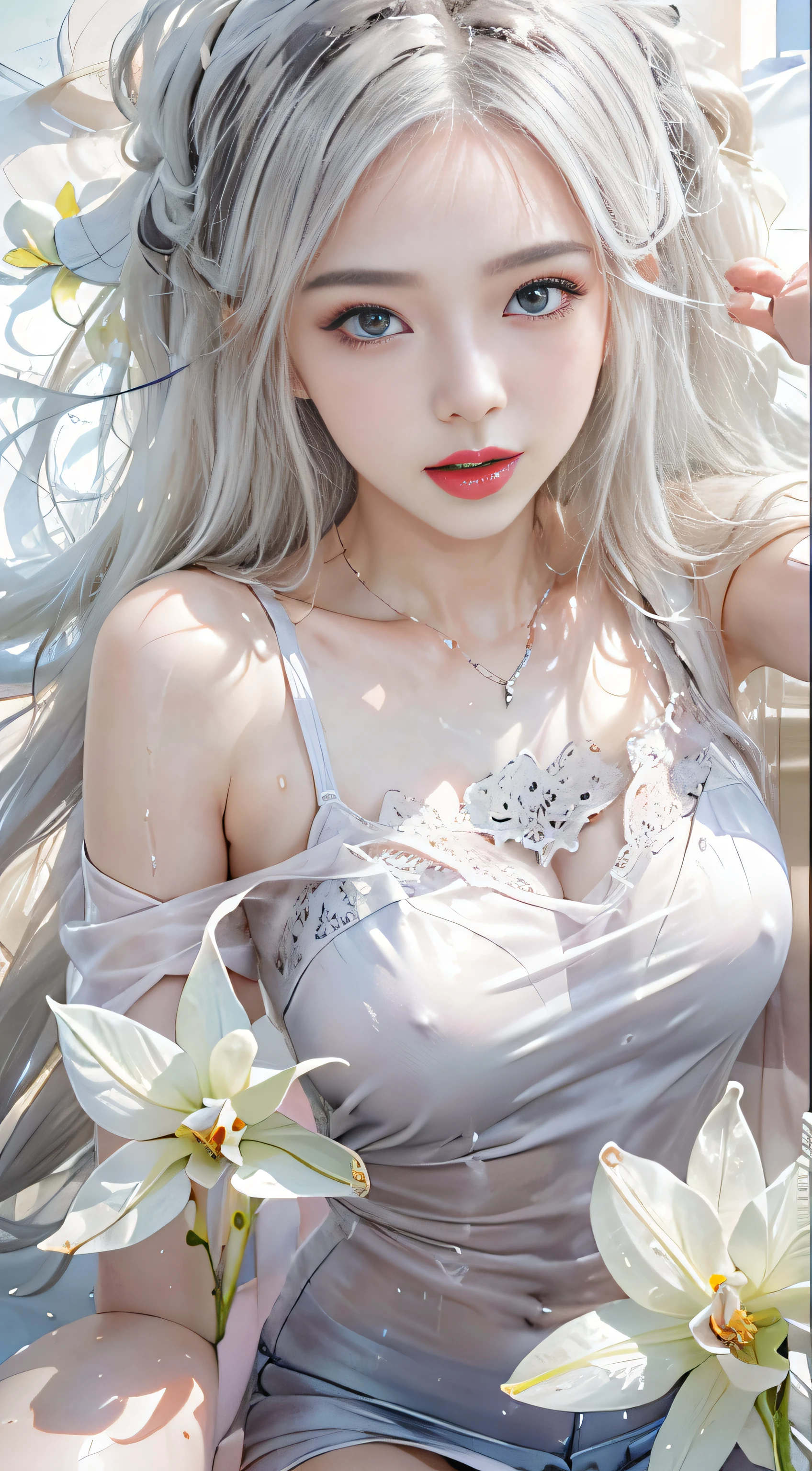 （(Beautiful girl lying in a flower garden))、portlate、bright expression、Young shiny shiny white shiny skin、Best Looks、ultimate beauty girl、The most beautiful platinum blonde hair in the world、shiny light hair,、Super long silky straight hair、Beautiful bangs that shine、Glowing crystal clear attractive blue eyes、Bust of medium size、（（hide the nipple with both hands,））Z、Beautiful blue eyes that shine、white  hair、silber hair、((Beautiful breasts :1.1)), ((, No bra)),((()))、 (Exposed breasts）0p、mix４, (Best Illustration: 1.1), (Best Shadow: 1.1), tongue、Vaginal orchids、Runny Vaginal Discharge、Blowing tide、Very beautiful breasts、Grasp your breasts with both hands、 Spread your legs、sexual excitement、Sex Expressions、shinny skin。realisitic、Photorealsitic:1.37)、）（closing eye）、(Kpop Idol)、lying on one's side、dishevled hair、Medium Hair、(Pink blush)、(illuminating)、[[Open legs、Spread your legs apart]]、(独奏)、dynamicposes、((erectile nipple))、(Puffy eyes:1.２)、 (Slim legs)、erotick、nffsw、Highly detailed ambient occlusion、超A high resolution, A hyper-realistic, Highly detailed, (yawning), (((exhibitionism))), ((she is soaking wet)).Photo