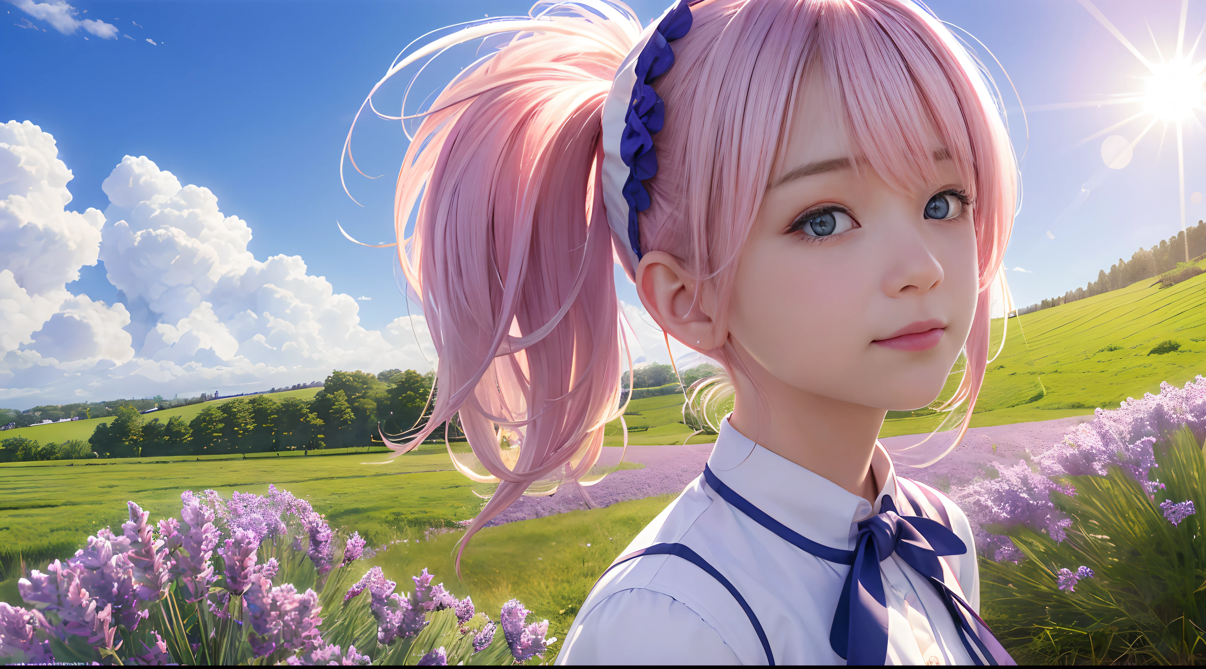 (8k, RAW photo, realistic, photo-realistic:1.5), masterpiece, best quality, high resolution, extremely detailed, detailed background, cinematic lighting, dynamic angle, lens flare, dramatic, (1 prefect cute face girl:1.35),((solo:1.2)), wind, pink hair, prefect eyes, very long twintails, white hat, blue sky, laugh, flying petal, flowery field, sky, lavender, sun, field, fractal art,