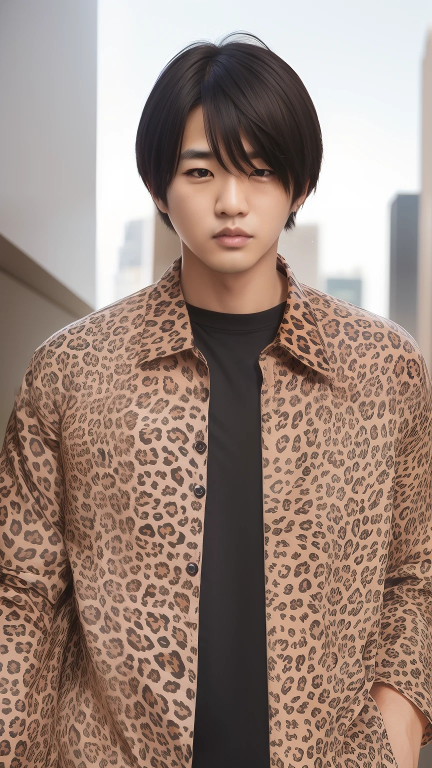 1man, park jinyoung, leopard print shirt, comma hair, black hair, realistic, ultra detail, 70mm lens,