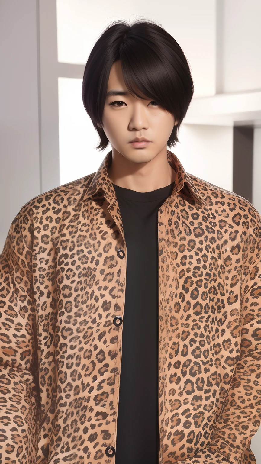1man, park jinyoung, leopard print shirt, comma hair, black hair, realistic, ultra detail, 70mm lens,