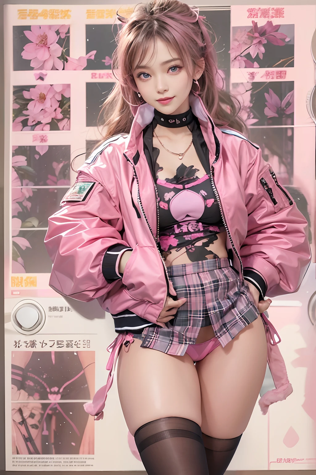 (masutepiece), (Best Quality), Realistic, Photorealism, 1girl in, Beautiful Girl, Perfect face, Perfect body, Sexy, Upper body wears only an air bomber jacket、Do not close the zipper, No bra, Braless, Smile、Taut、Toned waist、fascinating butt、Plaid miniskirt、(((Lift skirt with hand to expose pink sexy panties)))、Wearing a pistol holder on the thigh、Smile full of happiness、Attractive pretty woman、Detailed cute big blue eyes、Detailed cute face、complexion with good blood circulation、pink cheek