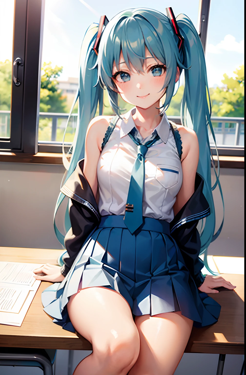 miku hatsune、blue hairs、Big、A smile、High school students、校服、lightly dressed、a miniskirt、white panties、Classroom