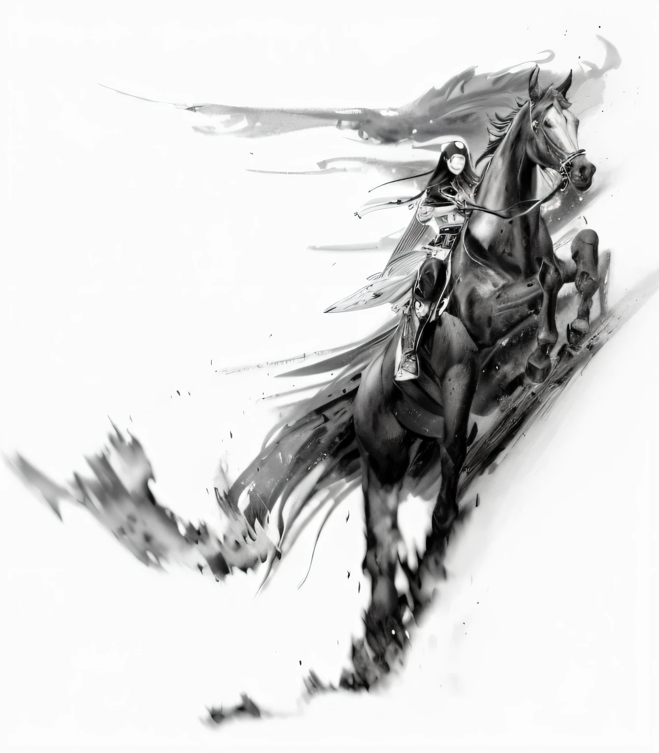 arafed horse with a rider on it's back and a rider on its back, horse racing concept art, high quality sketch art, black and white watercolor, artistic sketch, black ink painting, black and white artwork, high quality hd digital art, epic pencil illustration, artistic illustration, black and white ink style, high quality sketch, by Shen Quan, digital horse