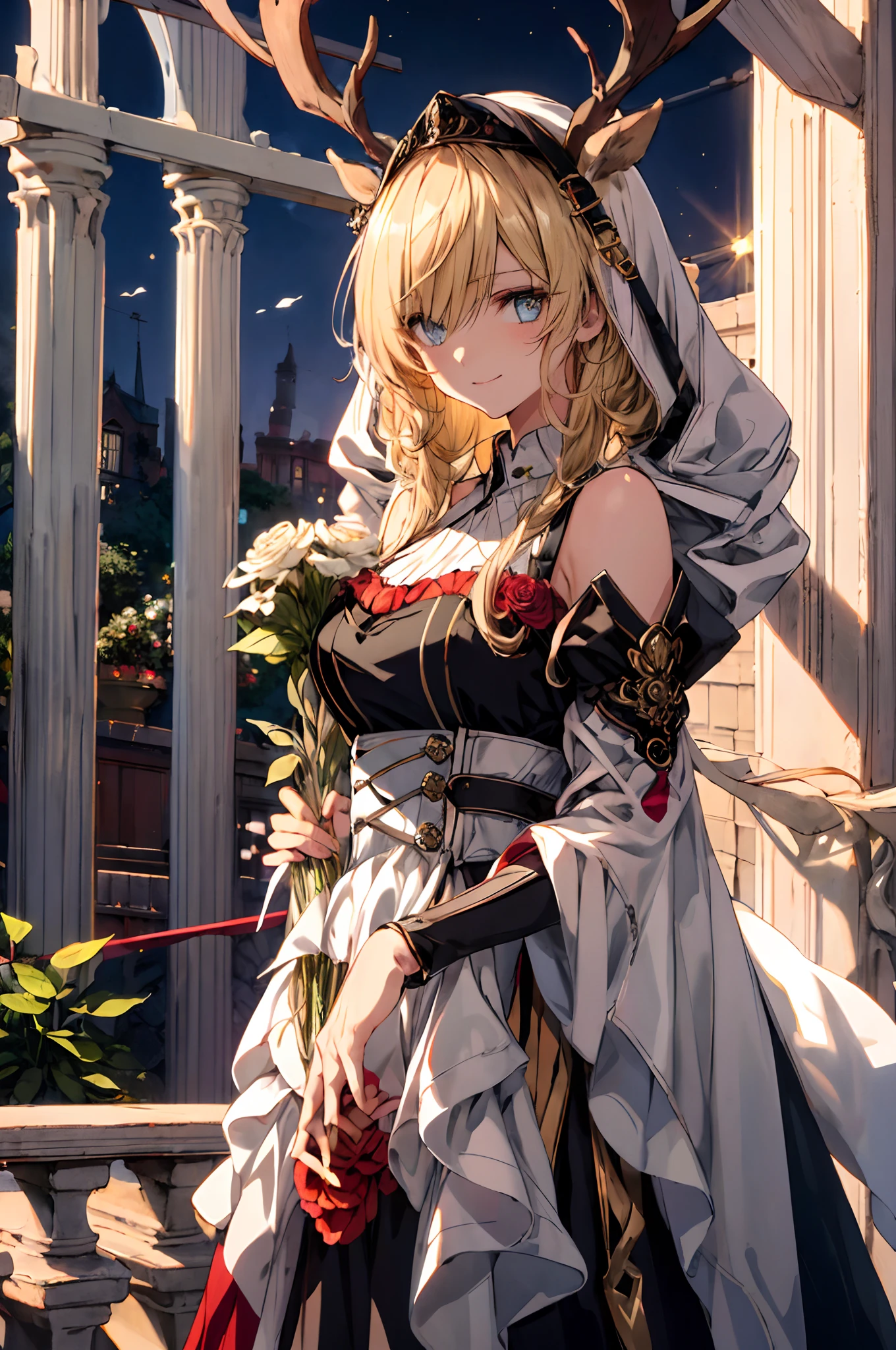 (tmasterpiece、top-quality、illustratio、Extremely high quality、high-level image quality、Extremely sensitive writing)Blonde girl standing in beautiful garden、A slight smile、She has a large bouquet、Cute national costume style dress，There are ruffles on the shoulders、Hair fluttering in the wind