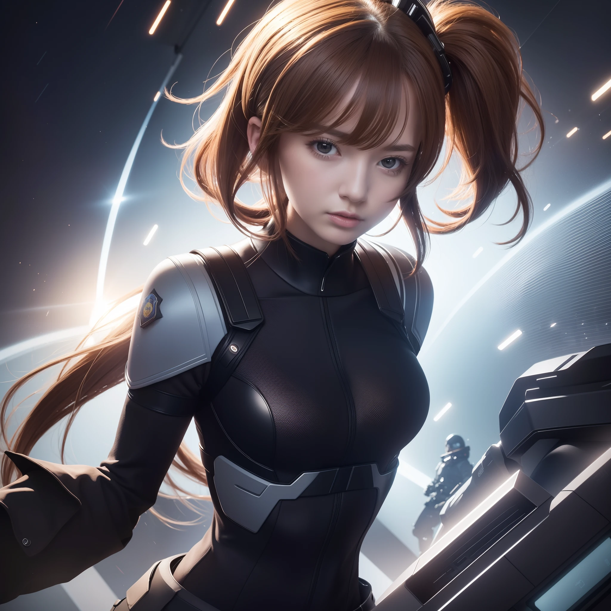 masterpiece, Super Detail, High quality, awardwinning, 8K, (Photorealistic:1.4), girl, Solo, Time Patrol, Police in time and space, Brown hair, Futuristic uniforms, Black uniform, Upper body, In the office, Intelligent, vignetted, Cinematic lighting, Film grain