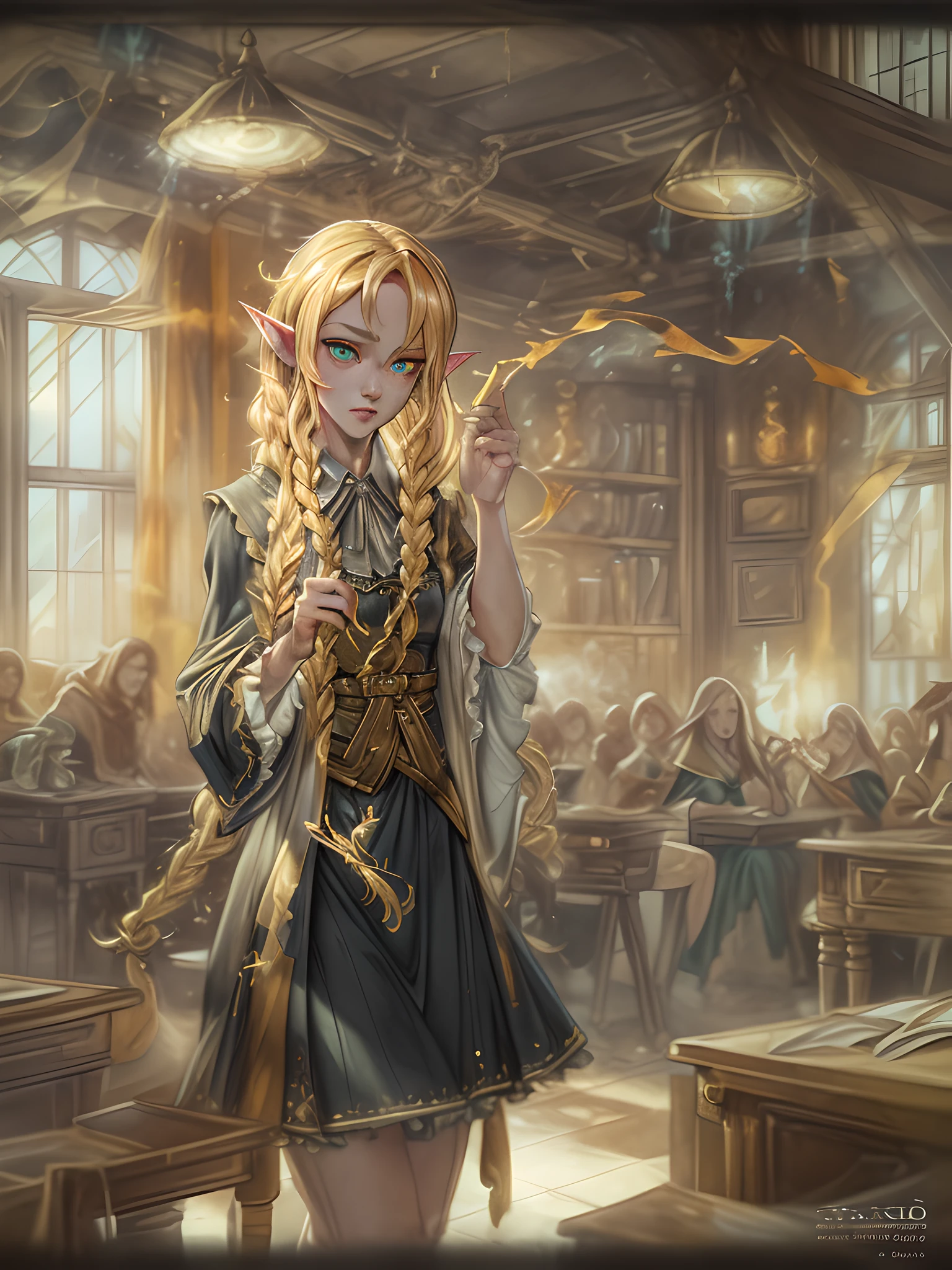 high details, best quality, 16k, [ultra detailed], masterpiece, best quality, (extremely detailed), ultra wide shot, photorealistic, a picture of an elf magical teacher (best details, Masterpiece, best quality: 1.5), teaching magical arts, manipulating red fire at fantasy classroom, a female elf, exquisite beauty (best details, Masterpiece, best quality: 1.5), ultra feminine (best details, Masterpiece, best quality: 1.5), full body (best details, Masterpiece, best quality: 1.5) golden hair, hair in a long braid, small pointed ears, dynamic eyes color, wearing a teachers robe, standing in the classroom (best details, Masterpiece, best quality: 1.5), fantasy class background, best realistic, best details, best quality, 16k, [ultra detailed], masterpiece, best quality, (extremely detailed), ultra wide shot, photorealism, room is lit with bright light, depth of field,