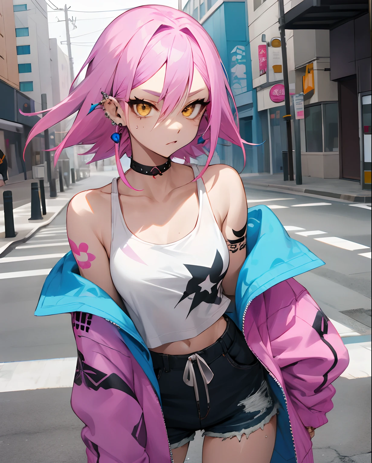 Woman, pink hair with blue streaks, tattoo, piercings, off-shoulder hoodie, white tank top, street, shorts, Anime, delinquent, yellow eyes