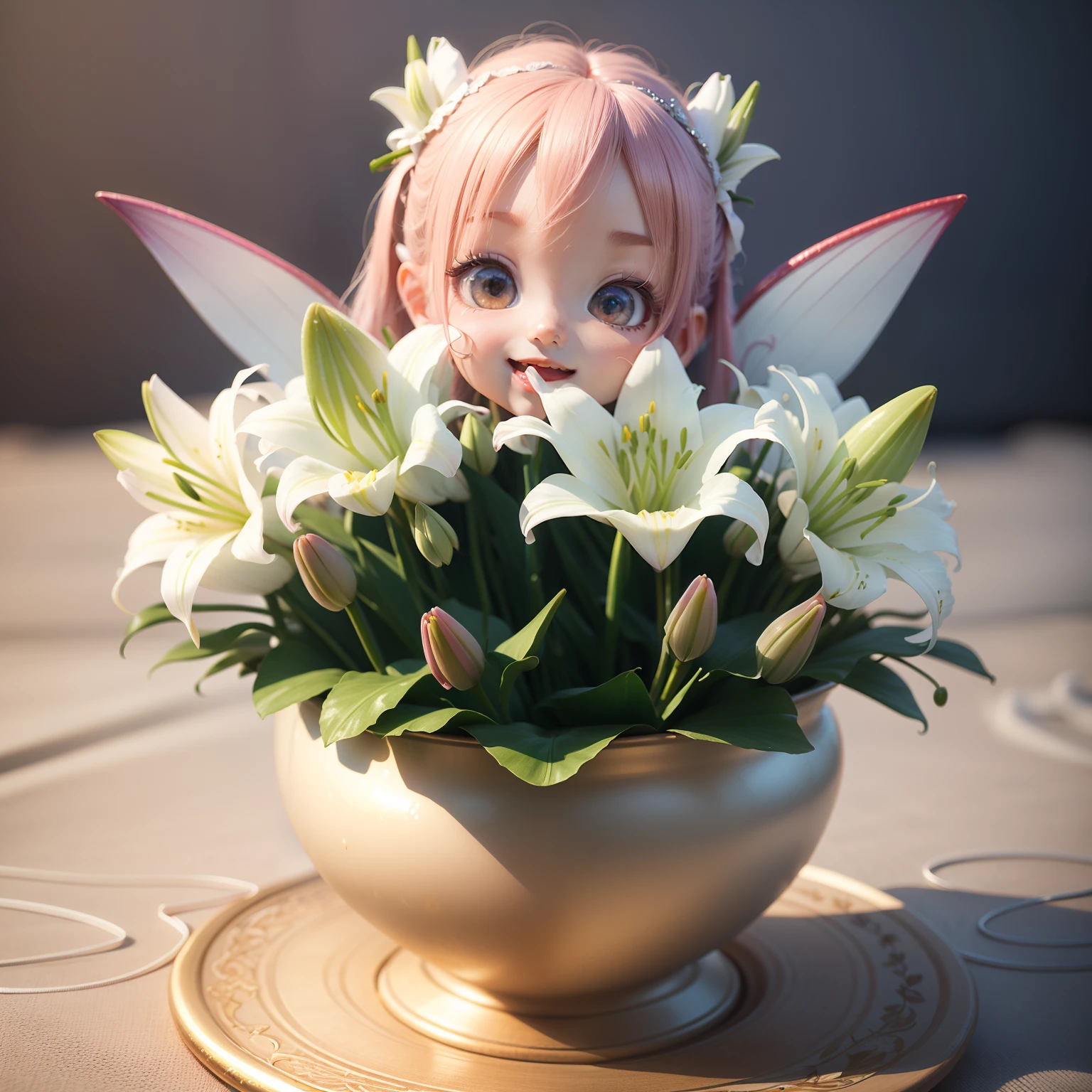 Cute Baby Chibi Anime、(((Chibi 3D))) (Best Quality) (masutepiece)、(Chibi Fairy:1.3) ultra gorgeous, Colorful, Wrapped: 1.7 bouquets offering a big fairy with 7 ribbons: 1.7 more than your face, 32K, masutepiece:1.4, Super Resolution, Super Detail, Super Photo Style, Illustration, Ultra-detailed.(Bouquet of large-flowered lilies:1.5)、Open your mouth and smile、Standing