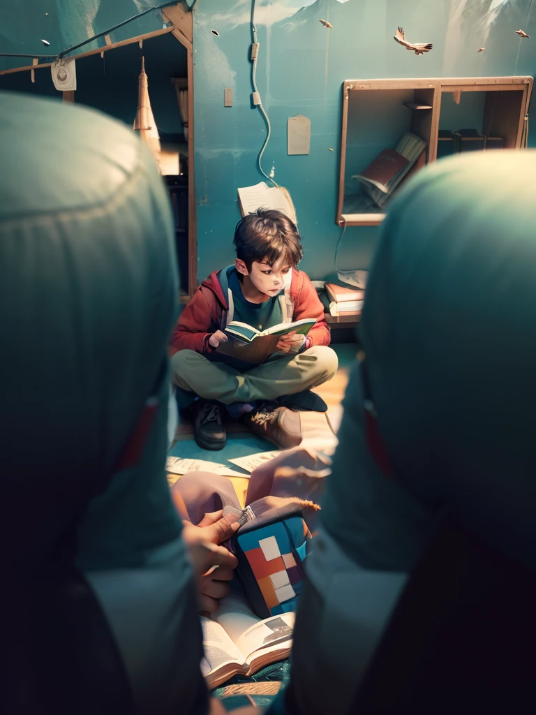 A boy reading a book between mountains