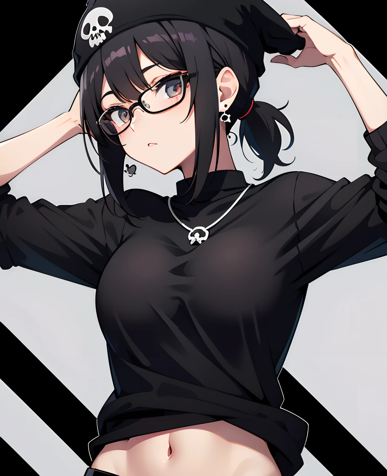 teenage, anime girl, glasses, black hair,bangs, underwears, short hair, skull earrings, black skull beanie, open clothes, ponytail, medium layer hair, large breasts, high quality, armpits, looking at viewer, black background, heart necklace, medium shot