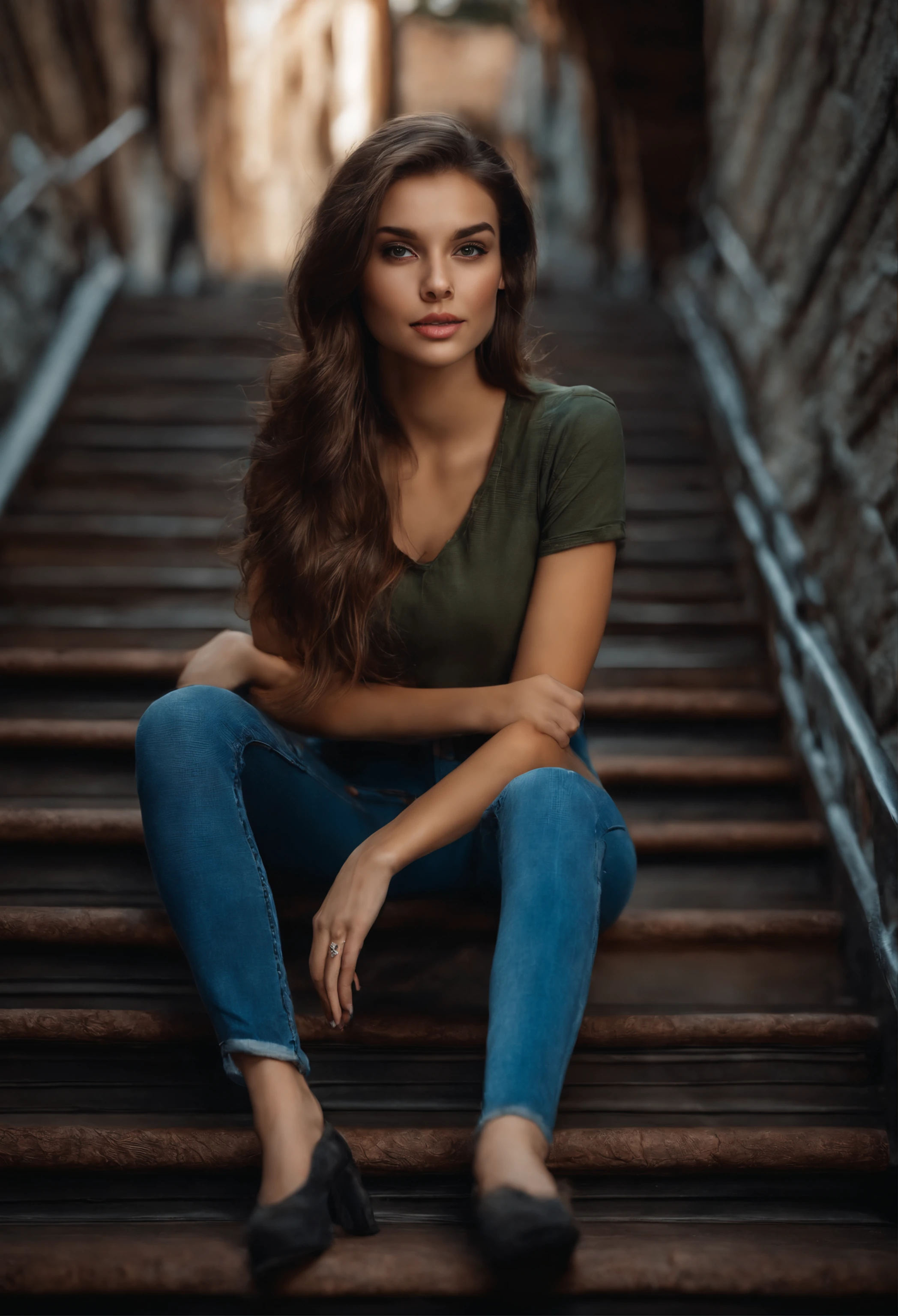 brunette, 1girl, cute, stairs, jeans, young, skinny, (3N1DS1NCL41R:0.9), realistic photo, extreme detail, street photo, {best quality}, {{masterpiece}}, {highres}