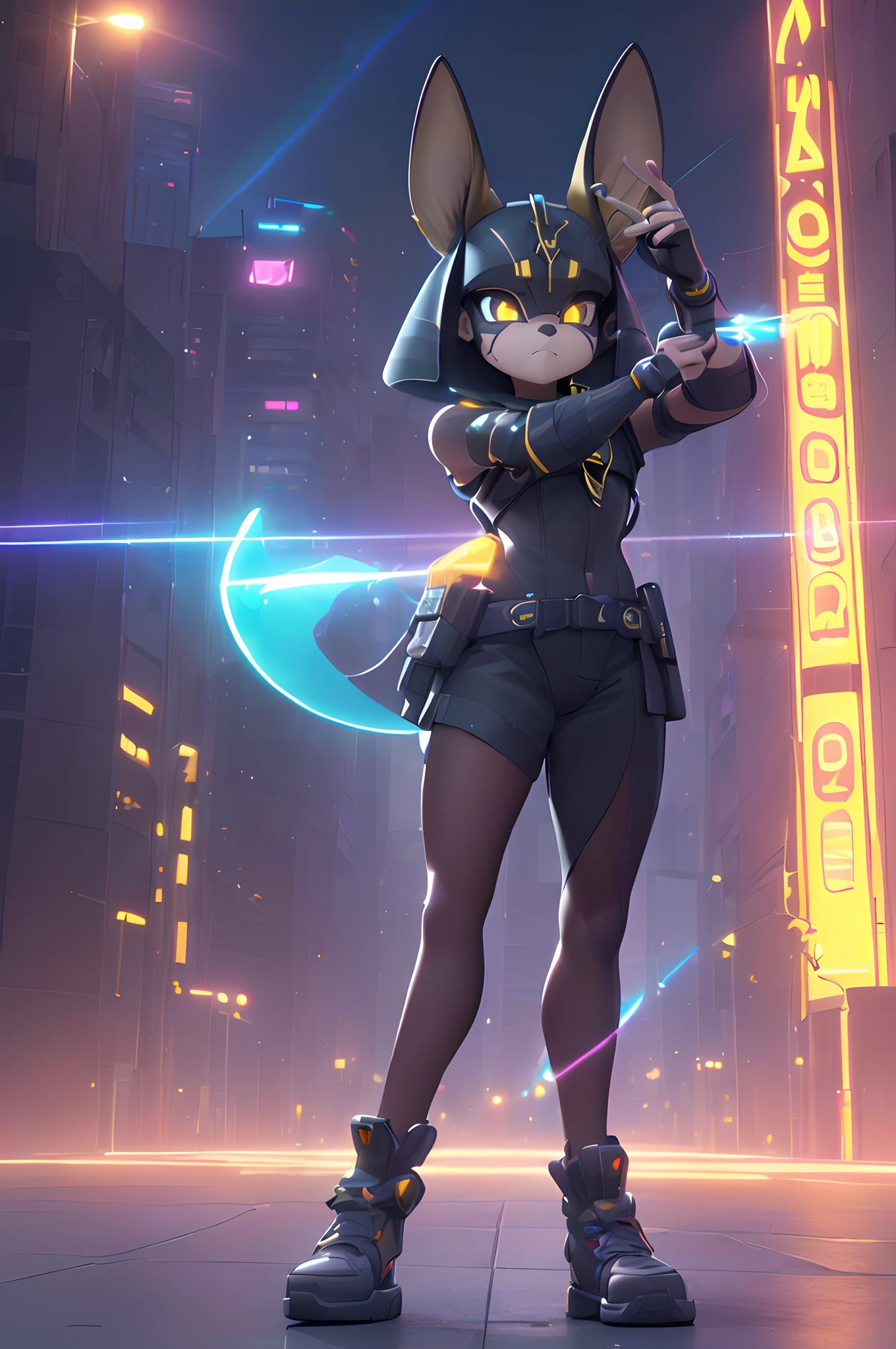 (Dynamic Angle:1.4), ((Full body posing:1.5), (Colorful:1.2), (Highly detailed CG Unity 16K wallpaper:1.1), (Denoising strength: 1.45), (tmasterpiece:1.37), ((Official art)), of the highest quality, (Realistic), Deformed Character, (Short-cut hair:1.2),(Anubis Costume:1.5),Black hair,Glowing eyes,(blue eyess:1.2),((Poses in motion:1.4)),((Anubis Costume:1.3)),wires, (LED:1.3), (a hologram:1.2), futuristic city street, Neon light, Skyscrapers, (Night:1.2), (Rainbow Model:1.2), 8K resolution, (Anime style:1.3), Cinematic lighting, chromatic abberation, spark of light, Ray tracing, blending, ultra wide-angle, Hasselblad, (masutepiece), (masutepiece), ((Best Quality)), ((masutepiece)), nffsw