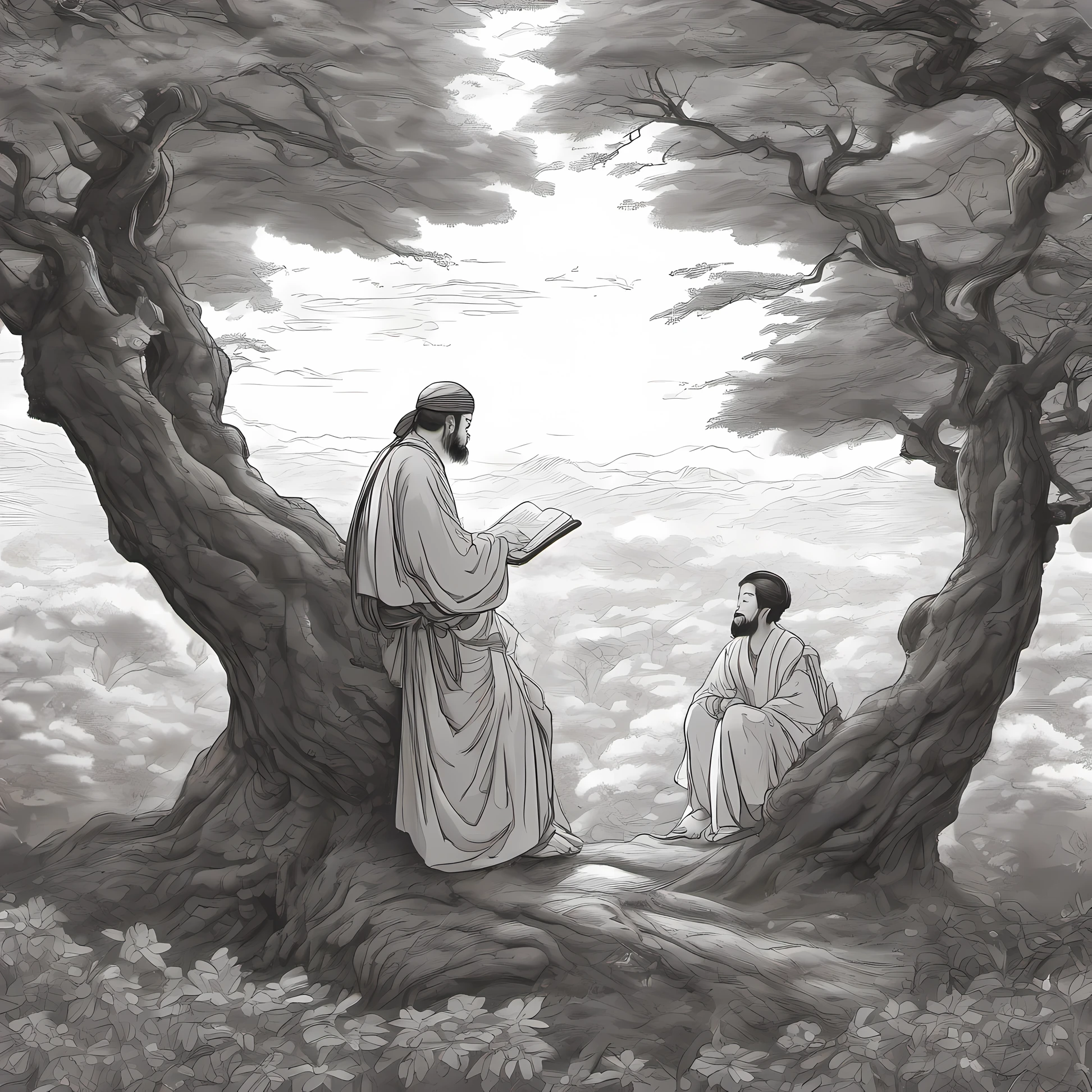 Illustrations of the greatest masters in human history、Teacher in Genesis、Under the Great Tree、Teacher preaching to children、Drawing a teacher with a large tree in the background、ultra detailed, hyper sharp, best quality,