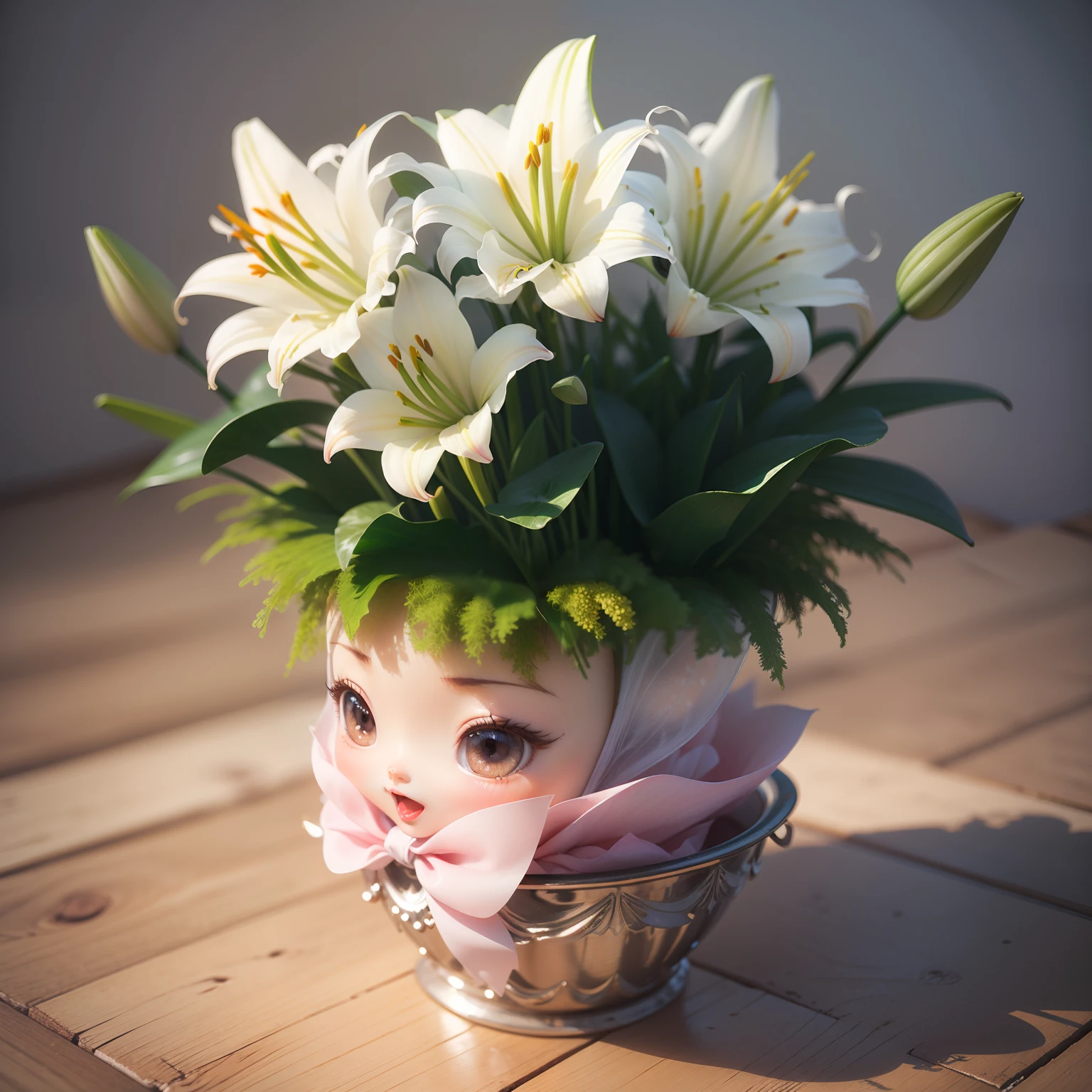 Cute Baby Chibi Anime、(((Chibi 3D))) (Best Quality) (masutepiece)、(Chibi Fairy:1.3) ultra gorgeous, Colorful, Wrapped: 1.7 bouquets offering a big fairy with 7 ribbons: 1.7 more than your face, 32K, masutepiece:1.4, Super Resolution, Super Detail, Super Photo Style, Illustration, Ultra-detailed.(Bouquet of large-flowered lilies:1.5)、Open your mouth and smile、Standing