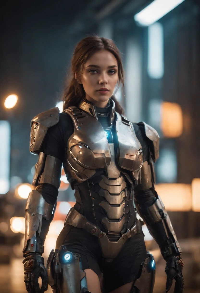 hot girl high tech Armor Dark_Fantasy,Cyberpunk,1man,Mechanical marvel ,Robotic presence ,Cybernetic guardian, wearing a worn-out mech suit, intricate, (steel metal [rusty]), elegant, clear focus, soft lighting, vibrant colors, masterpiece, ((street)), cowboy shot, dynamic pose, 8k, black steel look