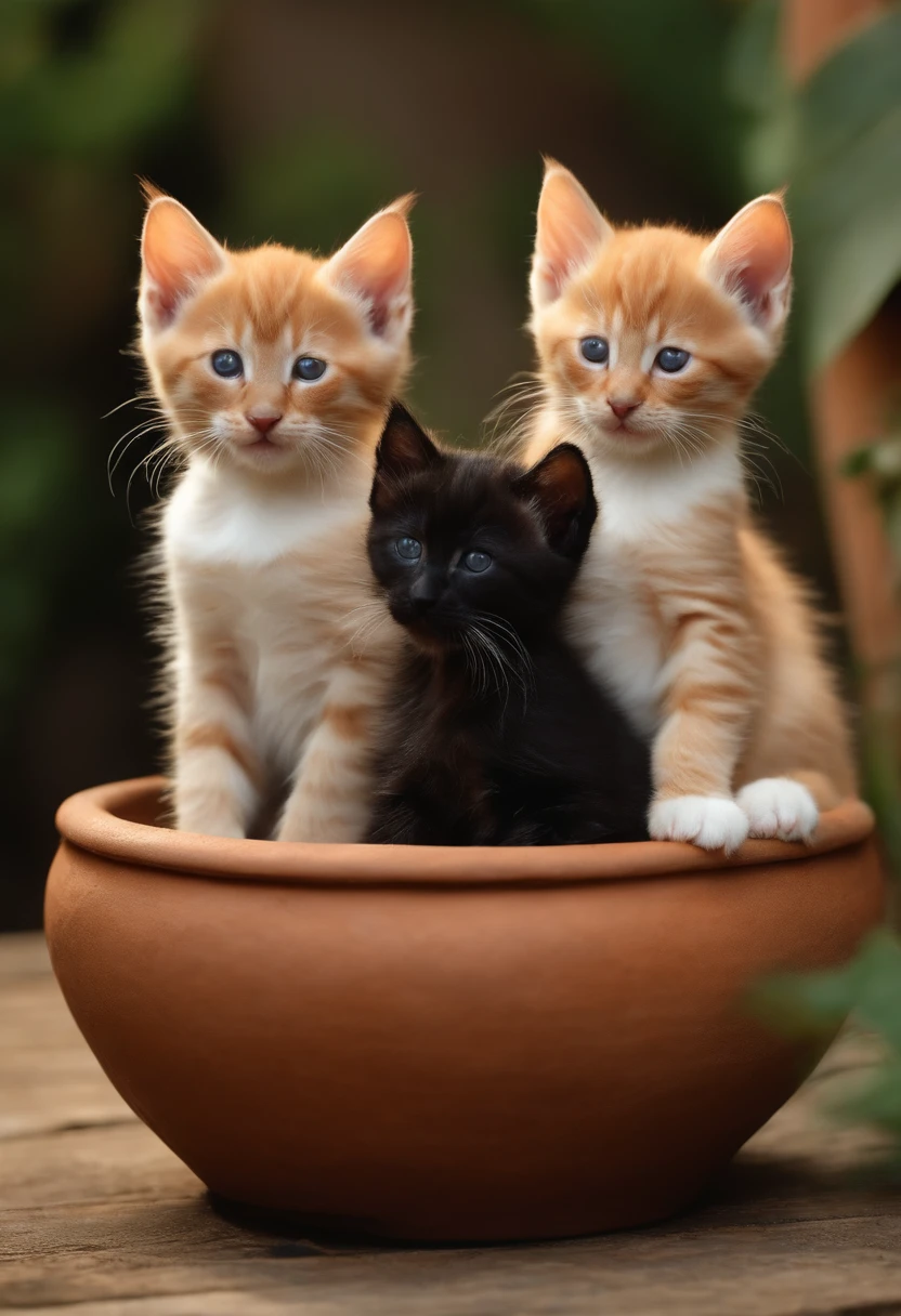 Three kittens curled up in a clay pot。