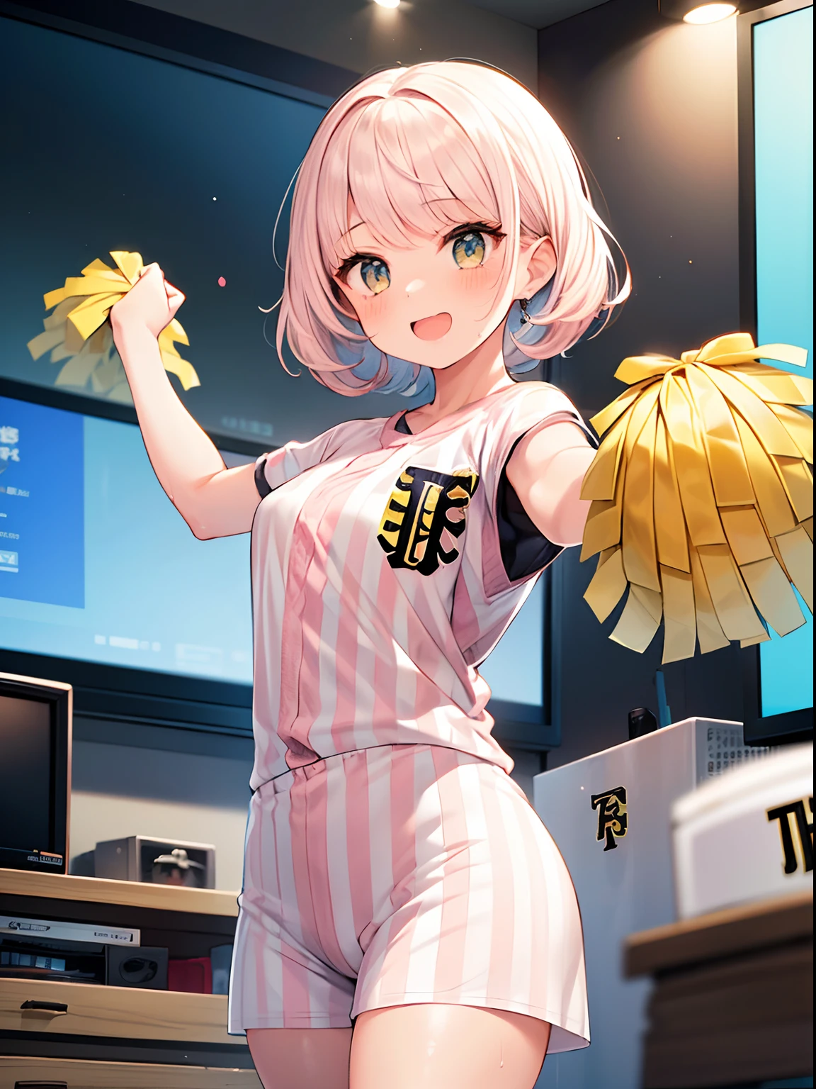 best quality, masterpiece, absurdres, highres, (1girl:1.6), (short shaggy perm hair:1.6), (light pink hair:1.5), (wearing the black vertical striped shirt:1.5), (flower effects:1.2), (cowboy shot:1.4), break (In front of a TV at home,:1.4) BREAK (a girl is enthusiastically cheering for the Hanshin Tigers:1.6). Her eyes are fixed on the screen, filled with excitement and tension. BREAK The room feels as if it's filled with the heat of the game.