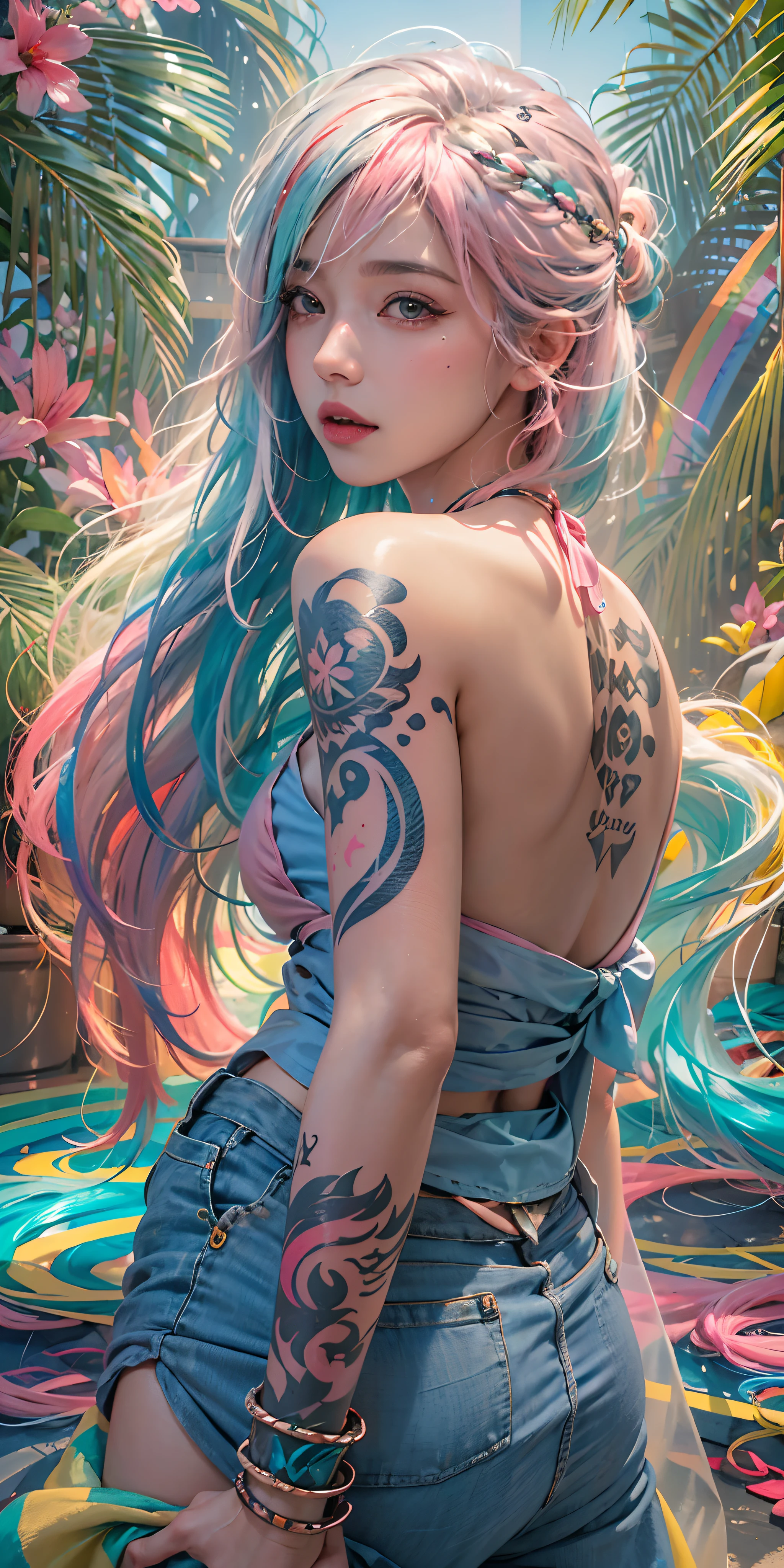 photorealistic, high resolution, soft light,1women, solo, hips up, shining skin, (detailed face),tattoo, jewelry, (rainbow color Hair,colorful hair,half blue and half pink hair:1.2), micro bikini