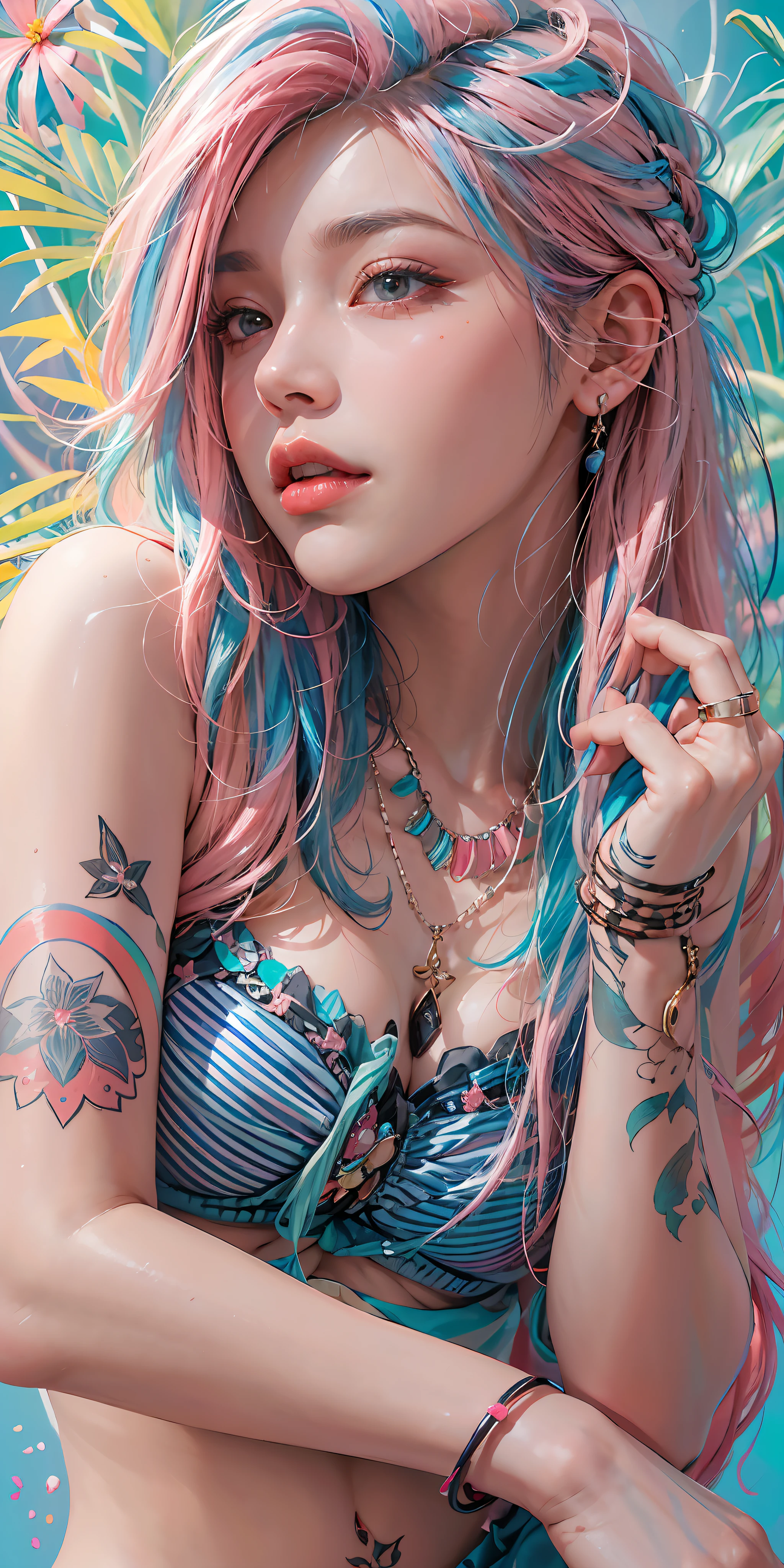 photorealistic, high resolution, soft light,1women, solo, hips up, shining skin, (detailed face),tattoo, jewelry, (rainbow color Hair,colorful hair,half blue and half pink hair:1.2), micro bikini