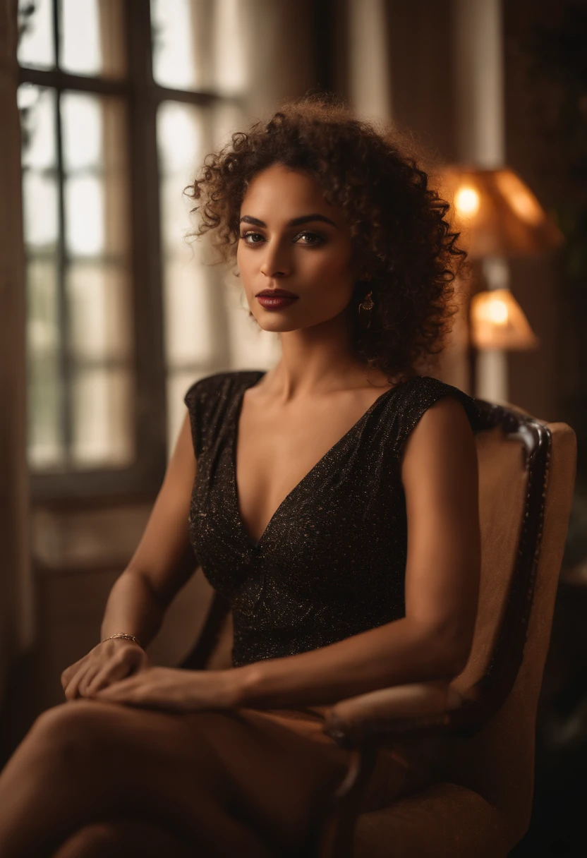 (soft focus:1.2), photo, attractive mixed woman, (beautiful face:1.1), detailed hazel eyes, luscious lips, (cat eye makeup:0.85), (medium eyes:1.0), (toned body:1.2), (curly hair:1.2), wearing (sundress:1.2) sitting on a (chair:1.2). (moody lighting:1.2), depth of field, bokeh, 4K, HDR. golden skin, hazel eyes, beauty marks, honey skin, wearing leather as a dominatrix (holding a crop) Cinematic photo