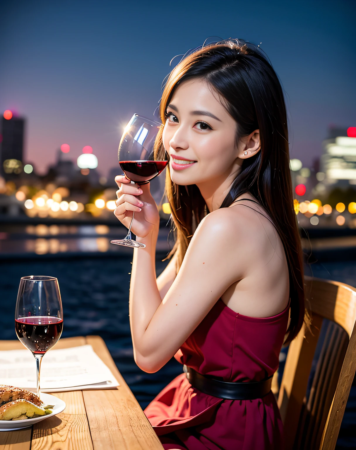 (64K, UHD, top quality, masterpiece: 1.2), (realistic, photorealistic: 1.37), super detailed, pretty woman 1 person, (slim face), (slim body), (brown hair), (short cut), cheeks slightly blushing, (44 years old), 38 years old, solo, beautiful detailed urban night view outside the window, restaurant, wine glasses sit, at night, in a prominent placeNovaFrogStyle, Actress, Model, Waist Up, White Wine, Slim, Wine Glass, Super Clean Night View, Wine Glass Put in the Middle, Happy Smile, (Smile: 1.15), Beautiful Fine Eyes, Upper Body, Bust Japan Up, Night, Short, Short, Actress, Model, Waist Up, White Wine, Slim, Wine Glass, Super Clean Night View, Wine Glass Put in the Middle, Happy Smile,