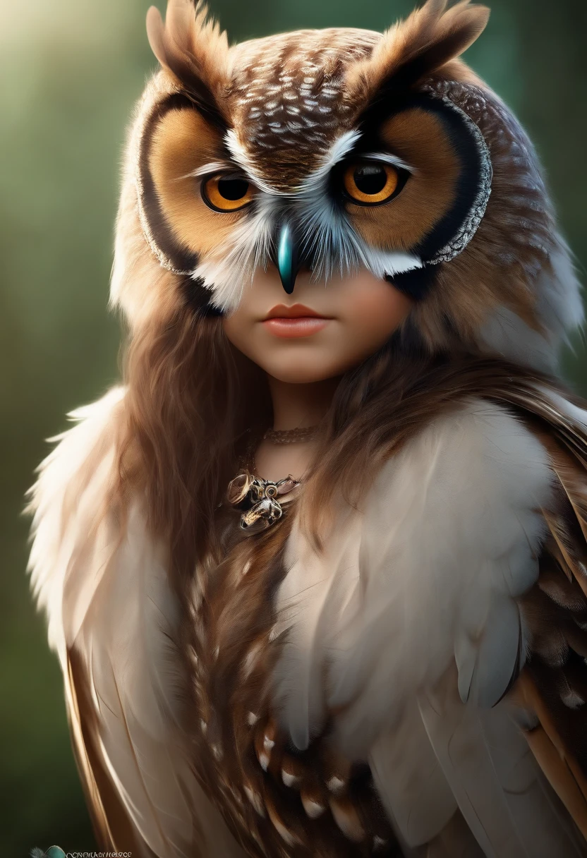 Create a hybrid child with half an owl child with owl traits and feathers for a DND RPG with owl wings and owl eyes