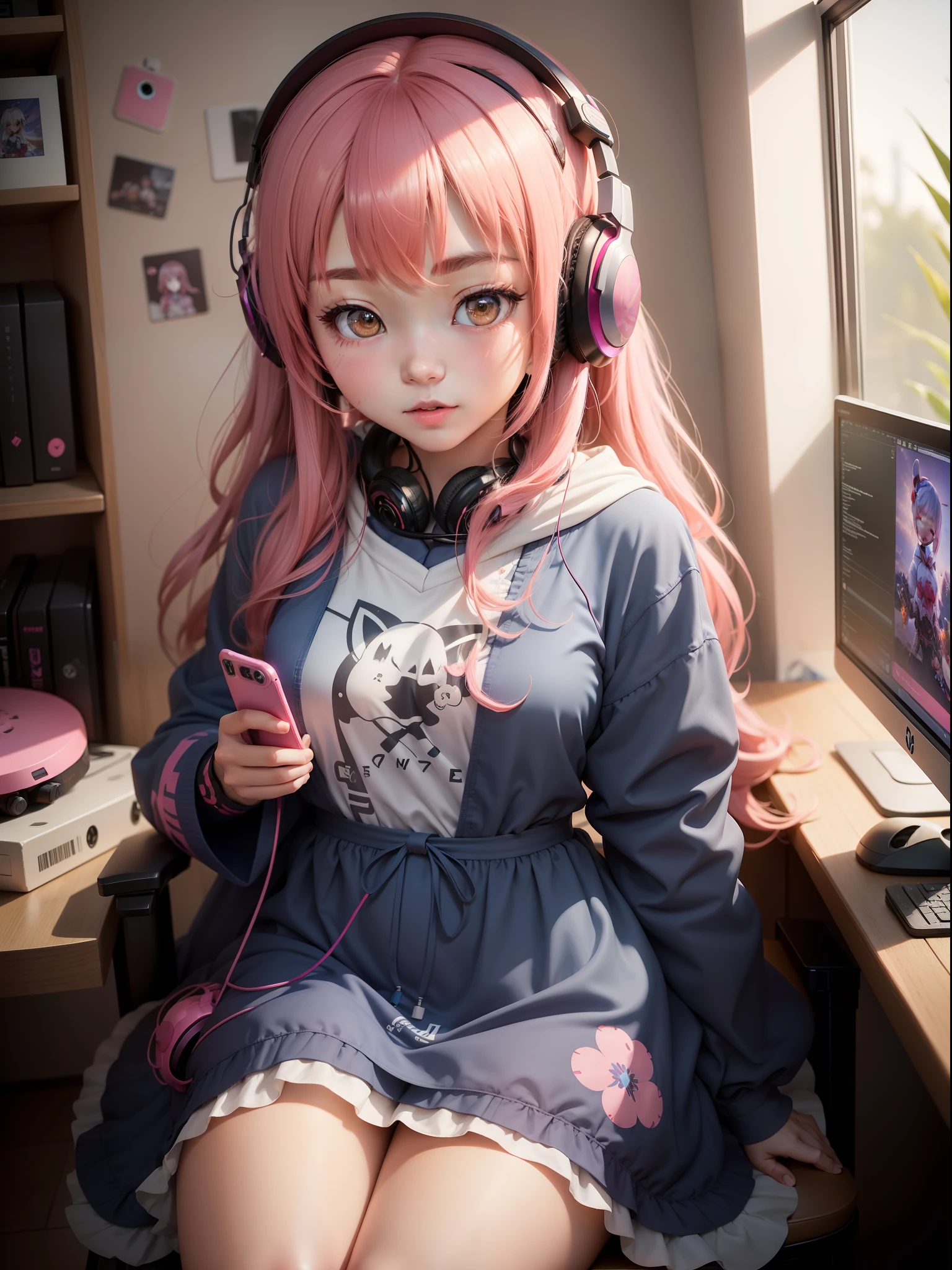 , masturbation, very long hair, pink hair, ahoge, exhibitionism,