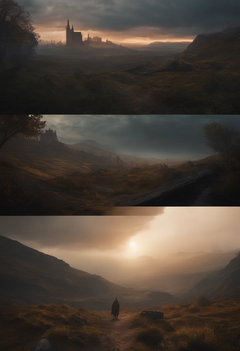 realista, 4k, Anjos com asas grandes, roupas pretas, espada desgastada, Capuz envolvendo o rosto, post-apocalyptic environment, Gloomy Illumination, destroyed scenery.