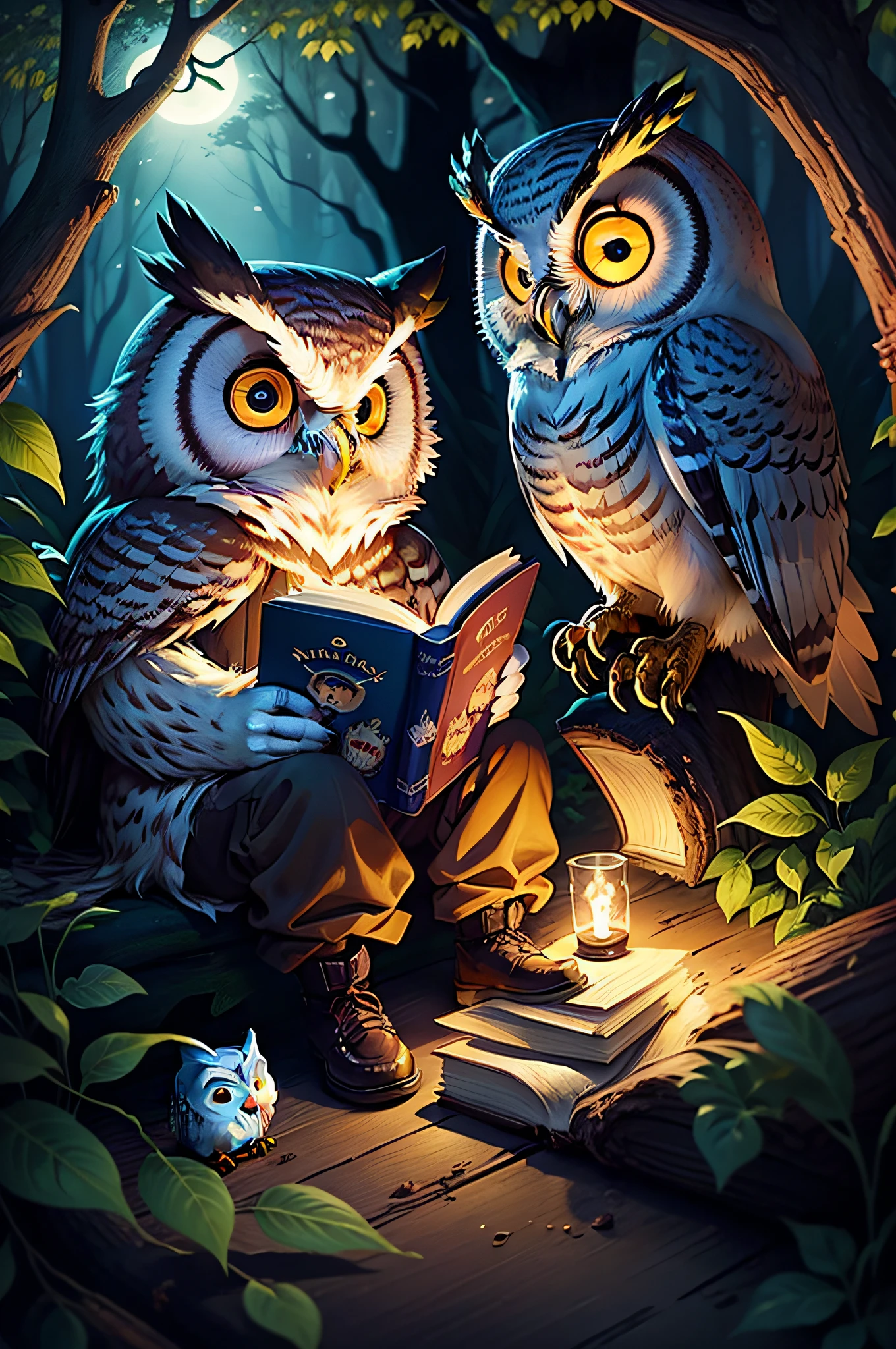 cartoon owl reading a book in the woods at night, glowing owls, owl wizard, high quality illustration, illustrative, the wisest of all owls, glowing owl, story book illustration, fantasy book illustration, illustrative story telling, owls, featured art, a storybook illustration, storybook illustation, mixture between an! owl and wolf, cute storybook illustration