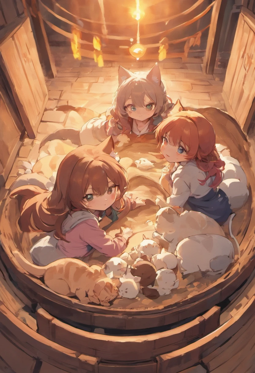 Watching from above as three kittens of different colors curl up in a clay pot、2 girls