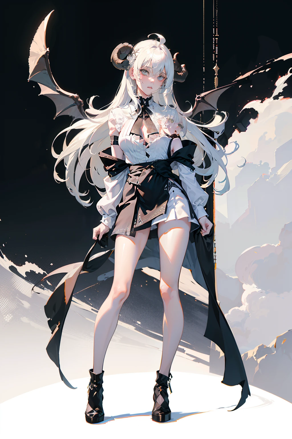 ((masterpiece, best quality)), (1girl), (solo), (female focus), (ahoge, ash blonde hair, long hair), green eyes, ((white shirt), (buttoned shirt)), ((black skirt), (short skirt)), standing, white background, arms behind back, (bat wings on the waist), (sheep horns), sad eyes, cold facial expression, cold look, Full body of a person with long hair and a black shirt, waifu, fine details. girls frontline, white-haired, nier autoamata, griffith, from girls frontline, white haired, girls frontline style, cyborg - girl with silver hair, nier 2 b, nier:automata inspired, nier : automata inspired, white haired deity,