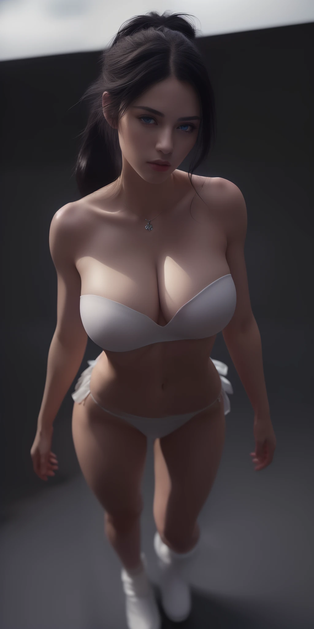 (full body shot) ((bird view photo)) a black hair European woman, incredible blue eyes,, luminous design, masterpiece, best quality, extremely detailed 8k, ultra hd, ultra-detailed, highly detailed, highly realistic, (ultra-realistic), hyperrealistic, Real life style, (((top quality, masterpiece: 1.3)), (masterpiece), (best quality), (ultra-detailed),(nudes:1.2), (RAW photo:1.2),(masterpiece:1.3), (best quality:1.4), ultra high res, HDR, 8k resolution, dreamlike, check commentary, commentary request, scenery,((no text)), (full body), (masterpiece), (best quality), (ultra-detailed), tennis outfit, tennis skirt, abs, slender waist, exposed midriff, gigantic breasts, pokies, ponytail, long legs, sweating, wet skin, thin thighs, slim, soft smile, dynamic angle, heavily raining, shirtlift, (upper body), nsfwpubic hair, cinematic lighting, (full body shot), depth of field, ultra fine details, detailed clothing, detailed scenery, (perfect face, detailed face, detailed eyes) (cinematic:1.5)(Top Quality, 8k, 32k, Masterpiece, UHD: 1.3)
