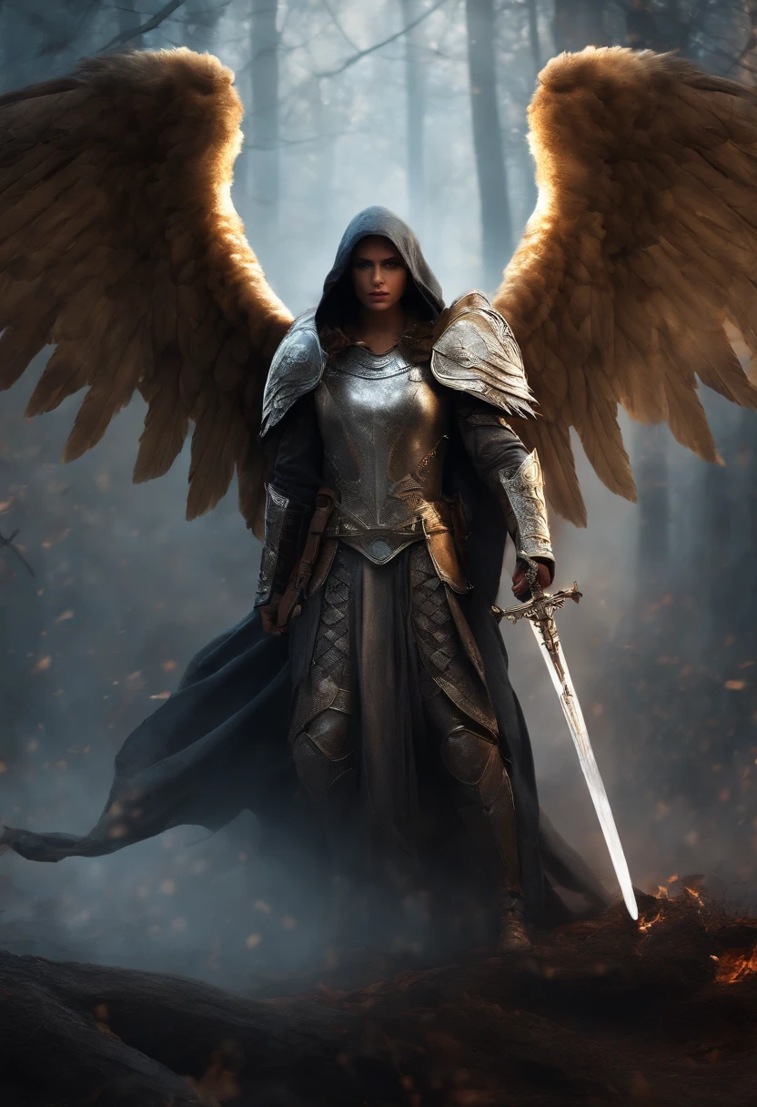 Realistic, 4K, Angel with big wings, The sword, Hood on head in war background image (the chaos)