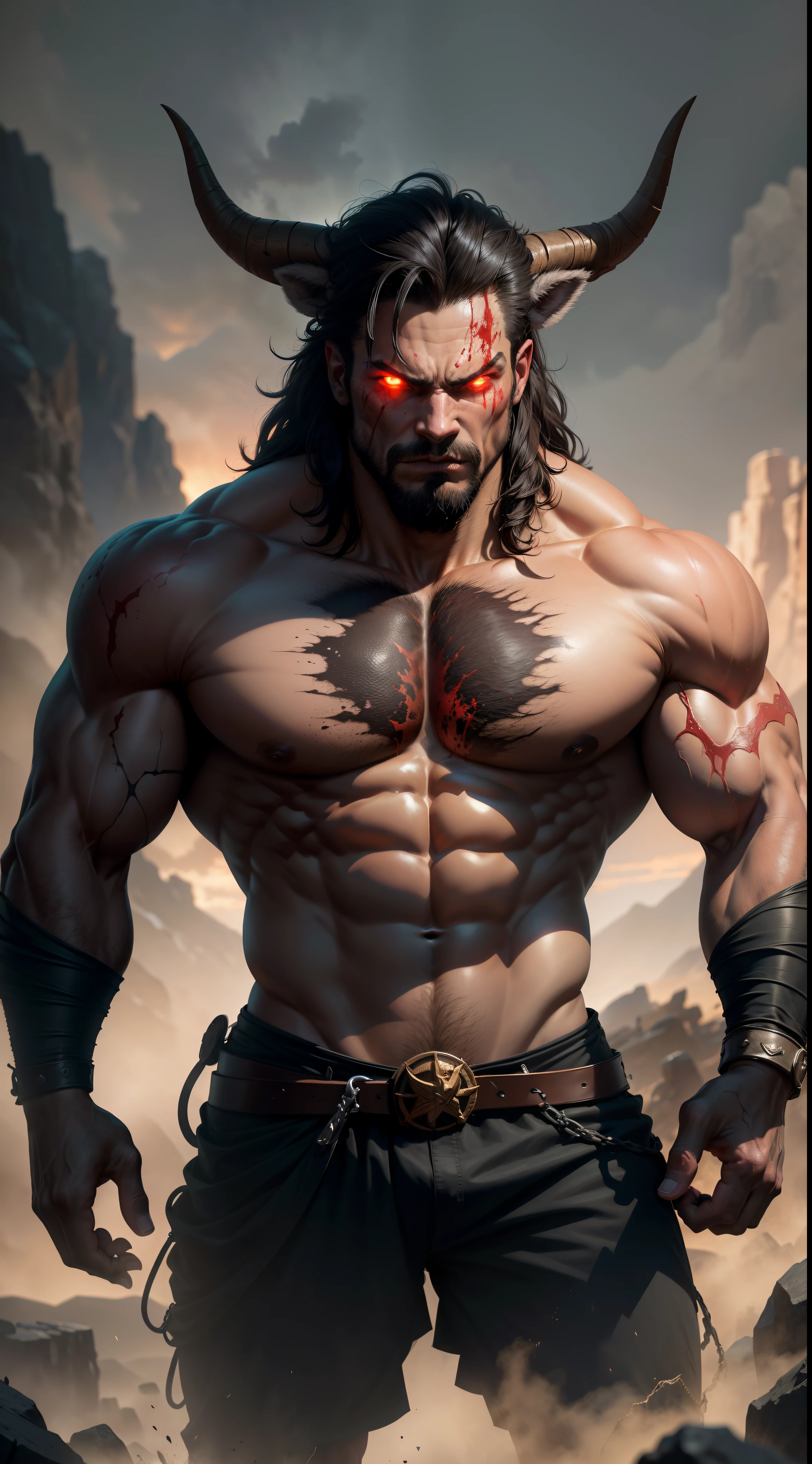 a muscular minotaur with a fierce facial expression, strong and powerful body, large menacing horns, and sharp claws, (best quality, highres, ultra-detailed), (dark, contrasted, dramatic) lighting, (oil painting, hyperrealism), dusty and worn textures, surrounded by a desolate and ominous landscape with rocky mountains, (mystical, eerie) fog, and a blood-red sky [Bull Devil]