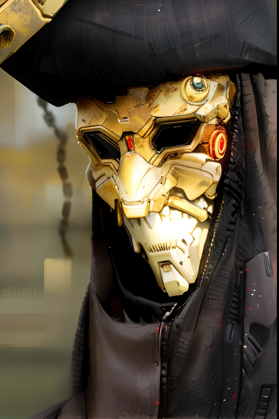 Metal vaquero calavera en flamas con accesorios de metal futurista tomando en una cantina