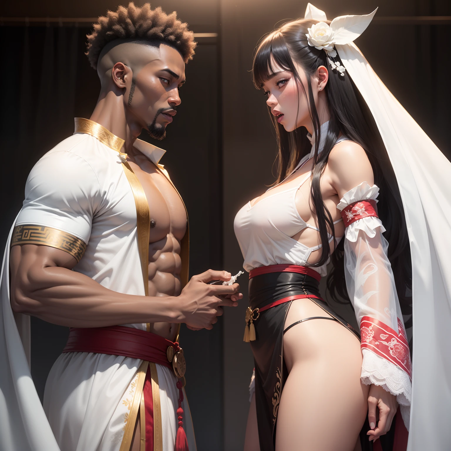 of a guy(Tall black African muscle man)Torture a woman(White beauty in Hanfu),Orgasmic face,The white liquid underneath