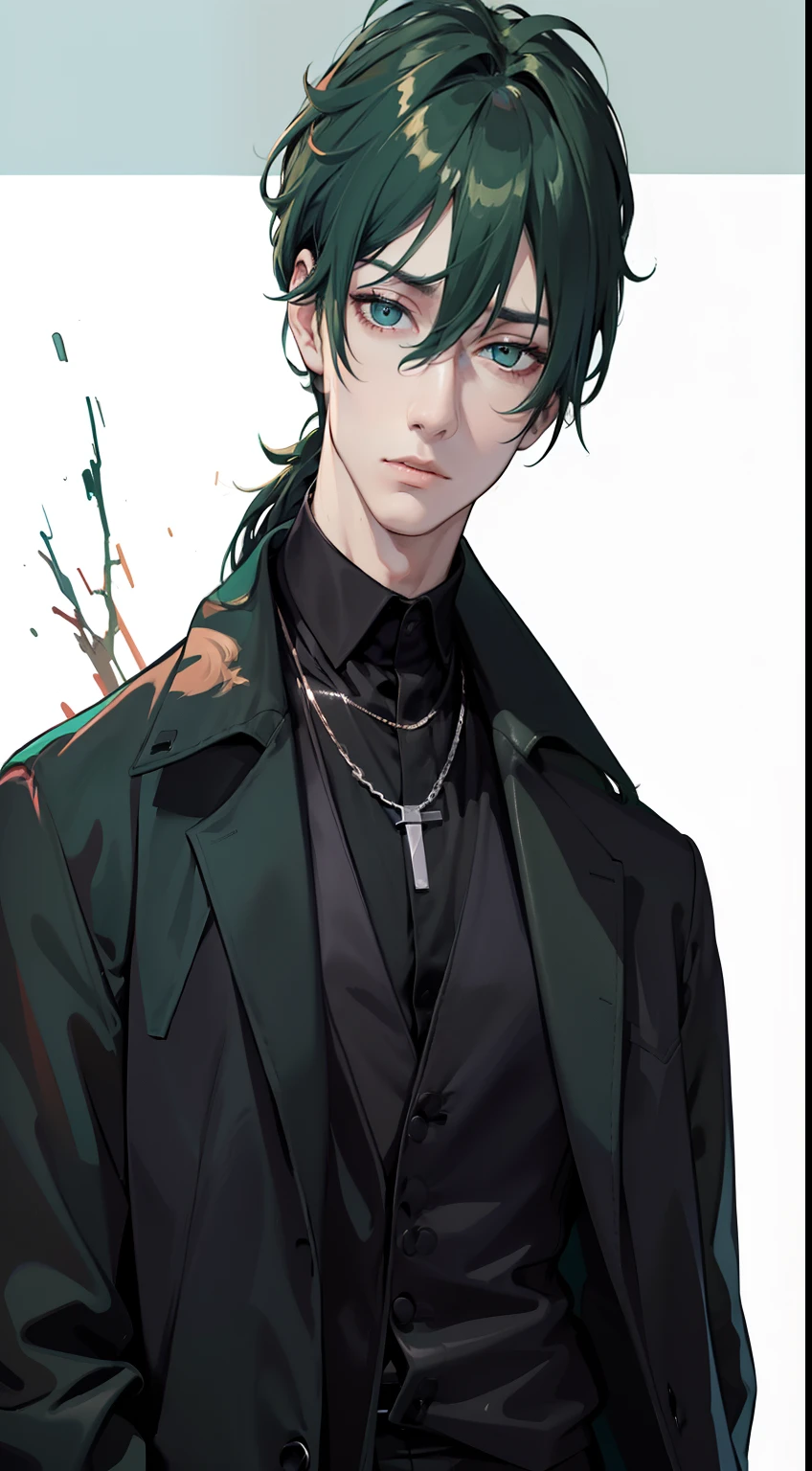 ((masterpiece, best quality)), (1men), (solo), (male focus), (ahoge, dark green hair, wavy hair), bright teal eyes, ((black shirt), (Black suit)), ((black pants), (long pants)), standing, white background, arms in the jacket pocket, (Chain necklace), cold eyes, cold facial expression, cold look, pale skin, colour grading, dark illustration, extreme quality, radiant, extremely detailed, ultra-detailed face, ultra hd 8k, ultra digitality, mythical, dark lightning, sleepy eyes, detailed hands, fine details, dark green haired deity, dark-haired, men with dark green hair