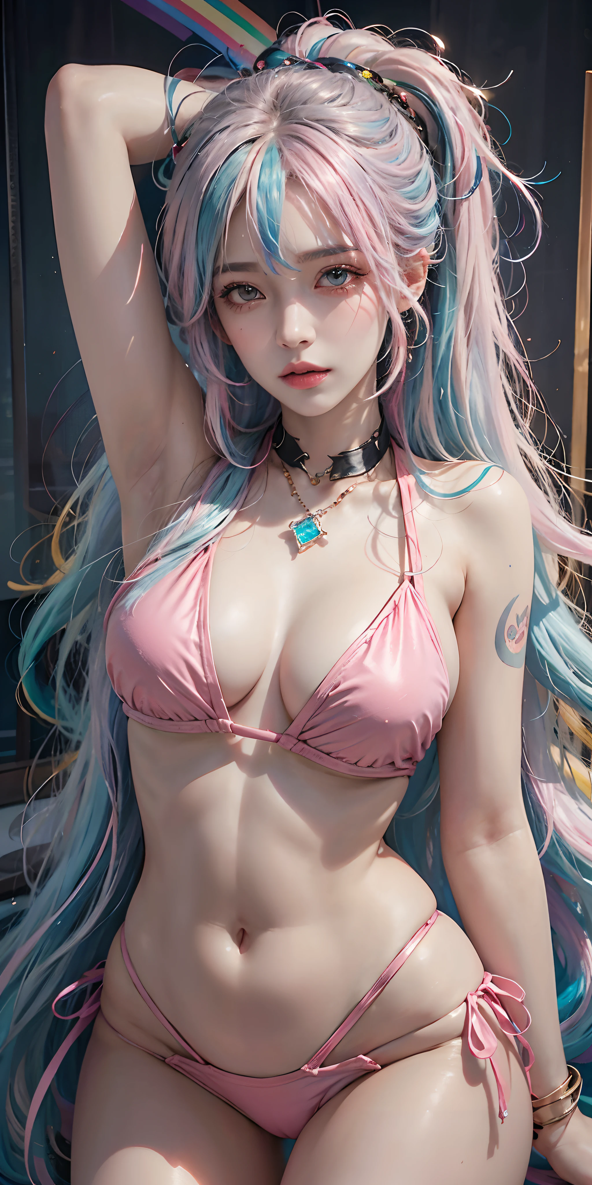 photorealistic, high resolution, soft light,1women, solo, hips up, shining skin, (detailed face),tattoo, jewelry, (rainbow color Hair,colorful hair,half blue and half pink hair:1.2), micro bikini