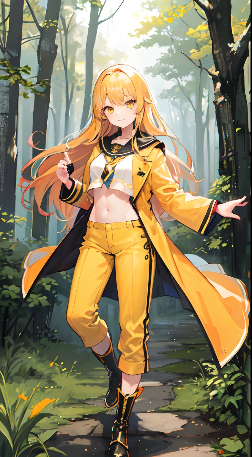 a girl with bright skin and yellow-orange blond, about 16 years old girl with long striaght hair, pretty smile with bright yellow eye, priestess wearing a long yellow tailcoat showing navel, ankle-long yellow cotton pants, platinum metal gauntlet on left hand, knee-high leather boots, forest road background, shaking a hand to the front