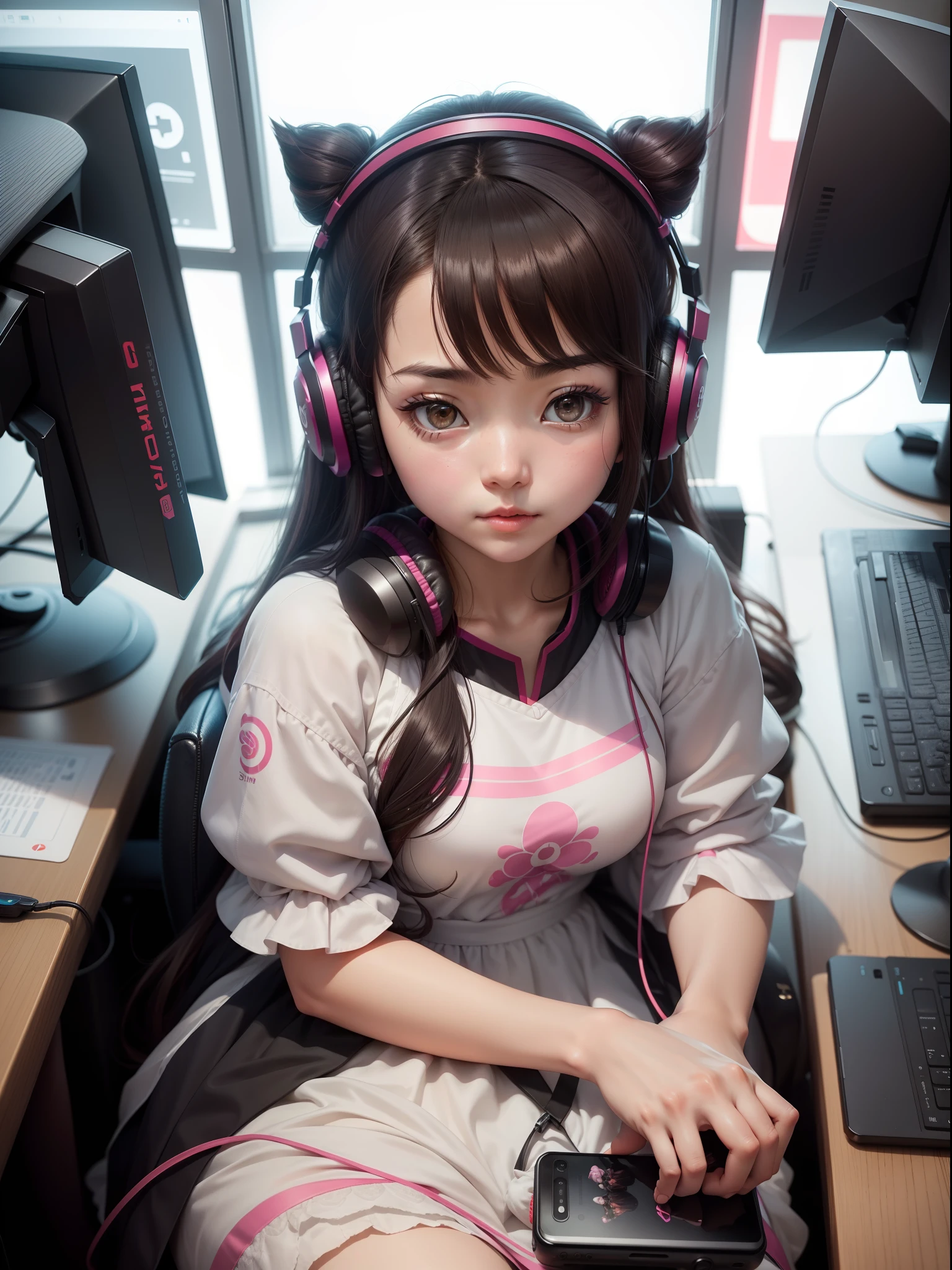 A cute girl , look like japanis anime girl, she is a gamer girl , and she had a headphones with connect her phone ,her name is aliza gaming , name show, she wear a cute dress, she setting dwon in her gaming cheir in her gaming room and she look at me in face to face , she look me in face to face and she holding phone like she playing game , and i setting dwon in side of her and look her but me don’t show in image