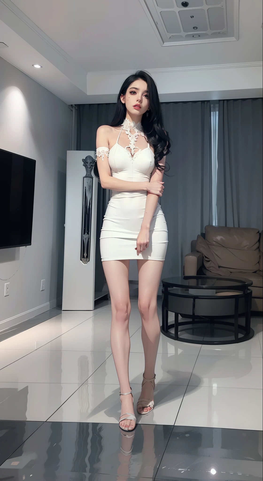 Araffe sitting on a chair in a white dress and high heels., sits on a roof, Sitting at a table, made, on his throne, huge legs towering over you, sitting on his throne, 🤬 🤮 💕 🎀, Kailee Mandel, perfectly prepared, wearing heels and white dress, Xision Wu, sitting on a table