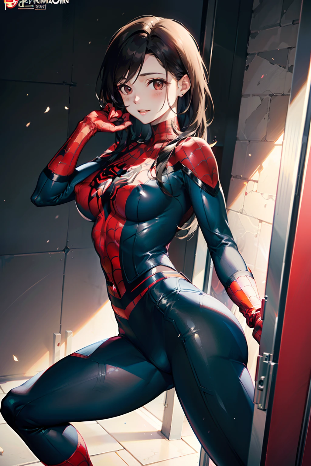 NSFW、High legsuits(masutepiece、Best Quality)、Intricate details、8k picture、art  stations、Wallpaper、Official art、Splash Art、Sharp Focus、1girl in、Tifa Lockhart、Long hair、dark brown eyes、Black hair、Big breasts、Skins don't appear、Skintight Spiderman Suit、She is red、Spider-Man's suit with black theme、(A smile)、((embarrassed from))、(red blush)、(gazing at viewer)、crouching down、(itting open legs)、(Arms behind your head)、(Cameltoe)、(long nipples )、(highleg)、(ass visible through thighs)、(Crotch cutout)、Top of Tokyo Skytree in the afternoon、(Front-facing camera)、(Show your crotch to viewers)、