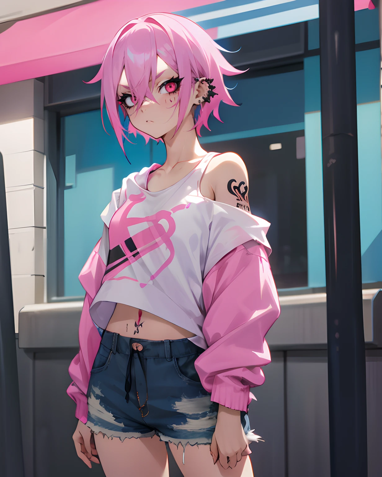 Woman, pink hair with blue streaks, tattoo, piercings, off-shoulder hoodie, white tank top, street, shorts, Anime, delinquent, Black Sclera , Red Pupils, short hair